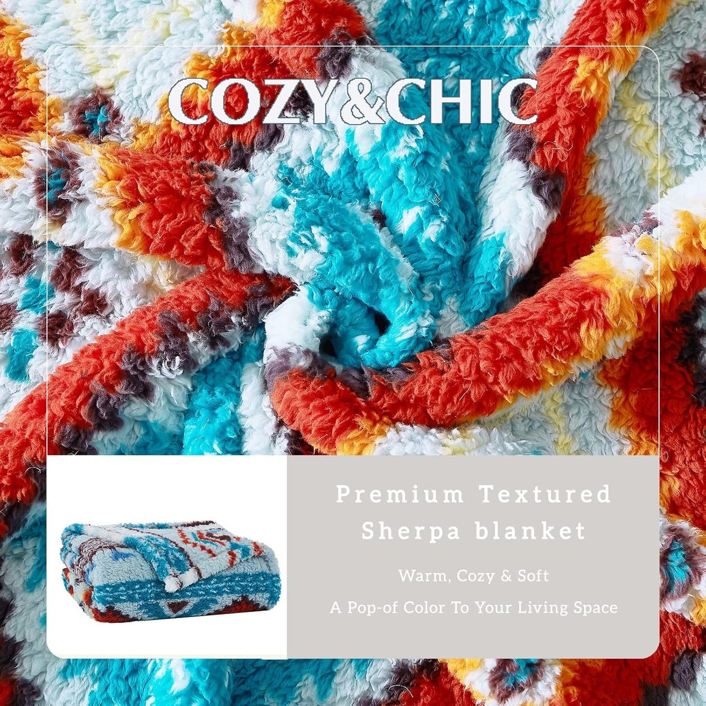 CASAAGUSTO Boho Sherpa Blanket,Teal Aztec Twin Blanket, Ultra Soft, Warm, Cozy, Plush, Thick Fleece Western Blanket for Couch, Bed, Sofa (Aqua 60 * 80 Inch)