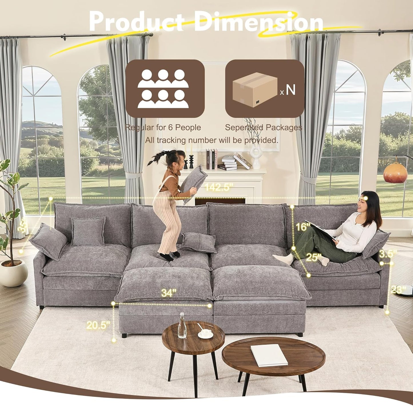 142.5" U Shaped Couch, Modular Sectional Sofa, 3-Seater Comfy Cloud Couch with Movable Ottoman, Deep Seat Couches for Living Room, Chenille, Slate