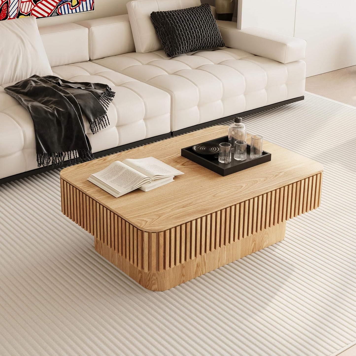 Lift Top Coffee Table with Storage, Solid Wood Coffee Table with Adjustable Height, Fluted Center Table Accent Tea Table for Living Room, Apartment, Office (38.6" Natuall)