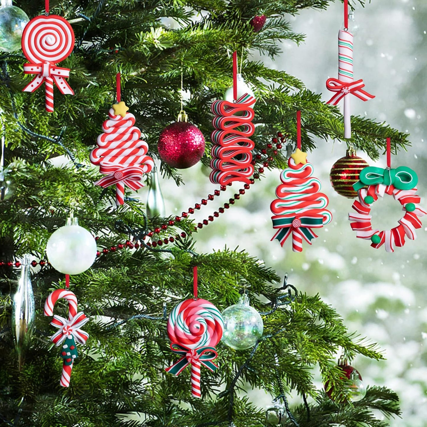 codree 8 PCS Christmas Hanging Lollipop Ornaments- Candy Ornaments for Christmas Tree- Candies Polymer Clay Ornament for Xmas Tree Party Decoration