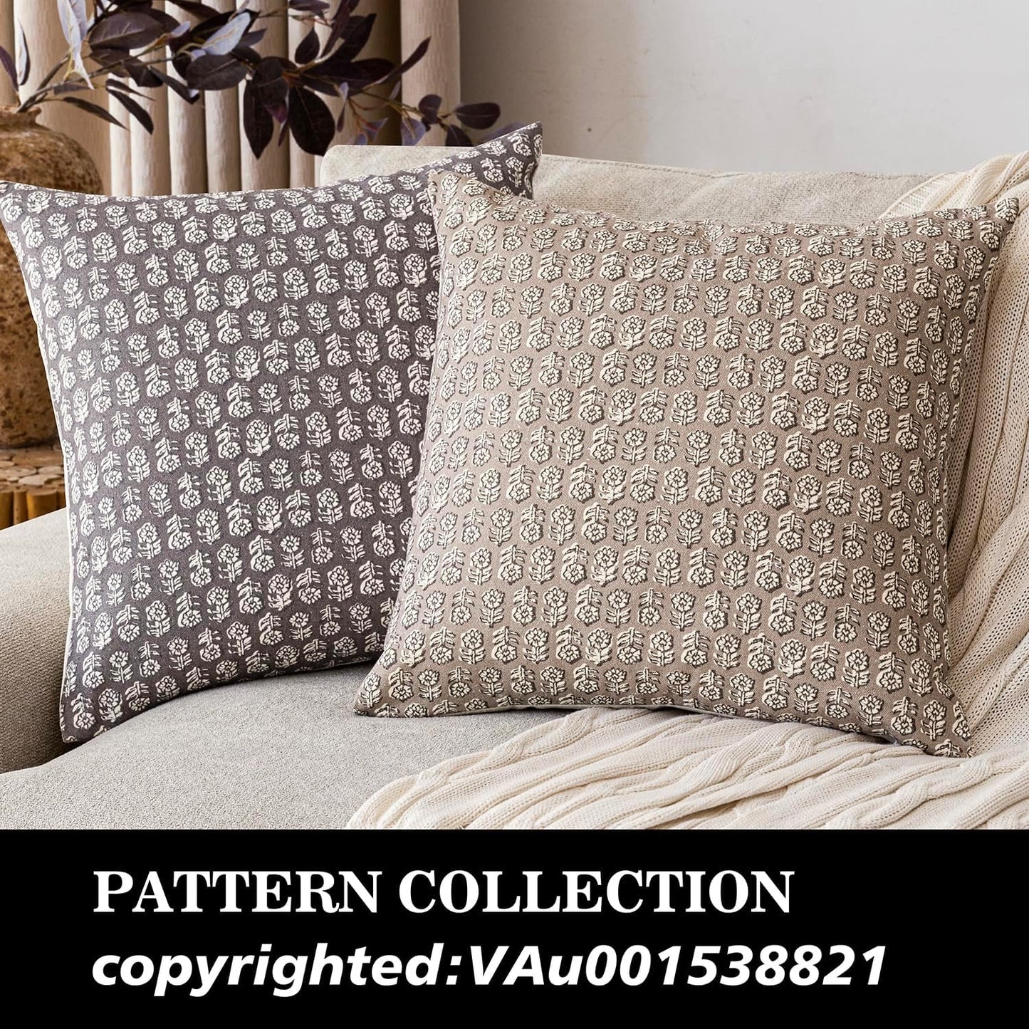 Foindtower Set of 2 Decorative Neutral Floral Print Throw Pillow Covers Vintage Accent Farmhouse Cushion Covers Boho Home Decor for Sofa Couch Chair Bedroom Living Room Outdoor,20×20 Inch,Rustic Gray