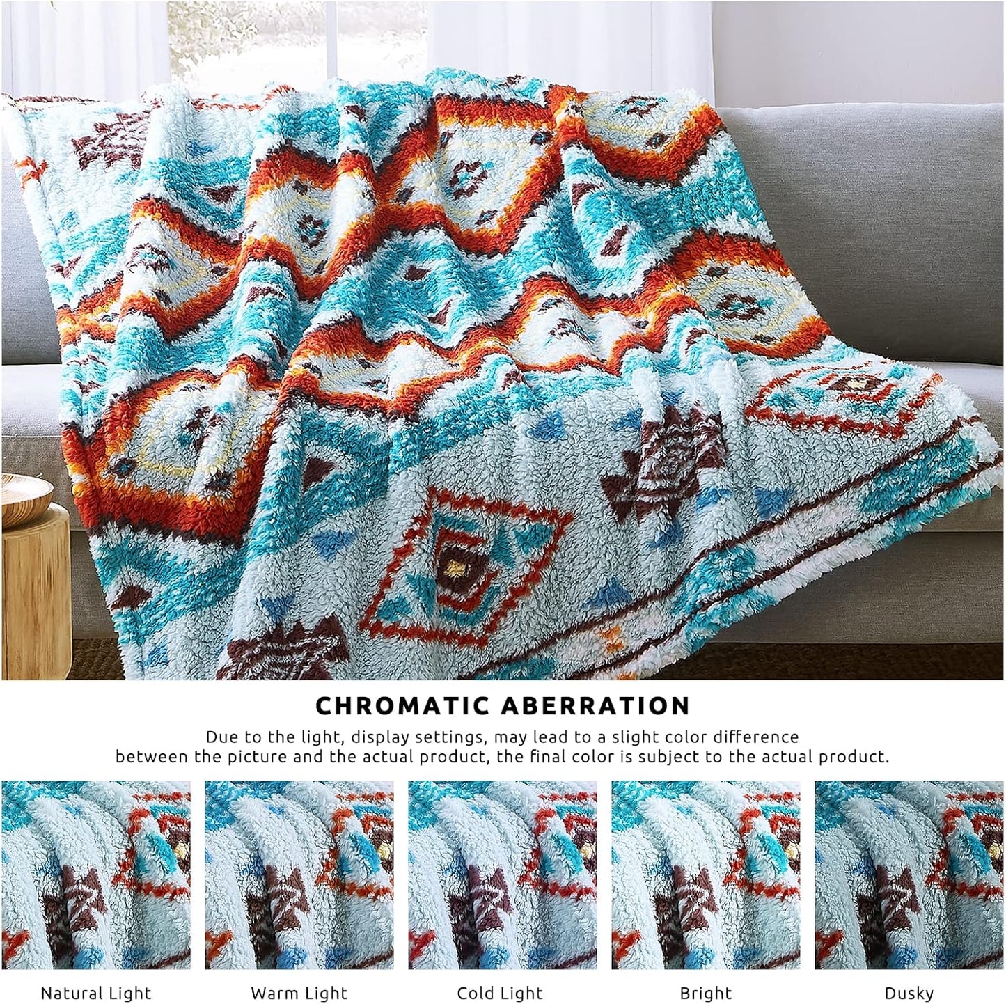 CASAAGUSTO Boho Sherpa Throw Blanket, Aztec Throw, Ultra Soft, Warm, Cozy, Plush, Thick Fleece Bohemian Throw Blanket for Couch, Bed, Sofa (Aqua 50 * 60 Inch)