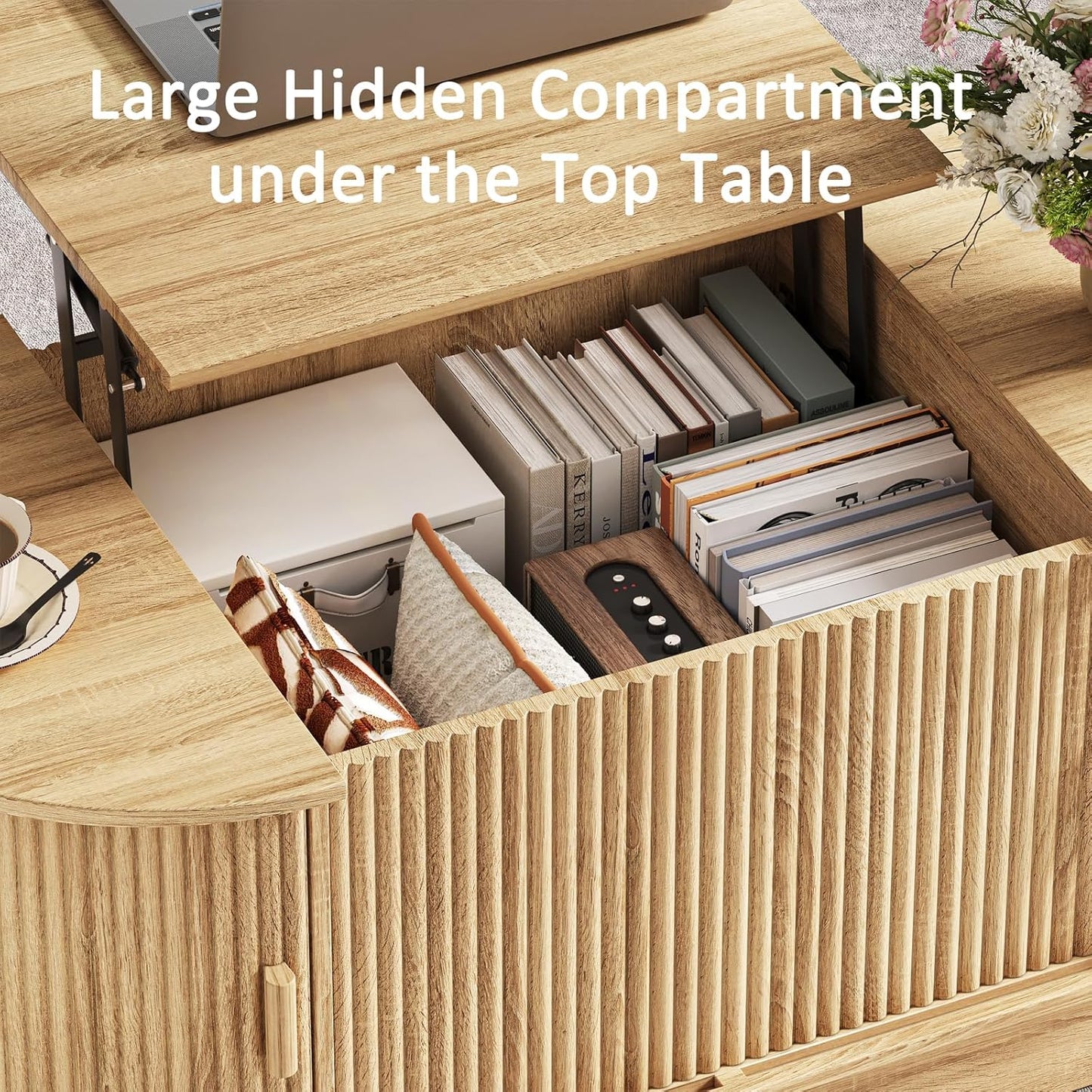 Lift Top Coffee Table with Storage,Oval Wood Coffee Table with Sliding Doors & Hidden Compartment, Fluted Center Table for Home,Living Room,Office, Natural
