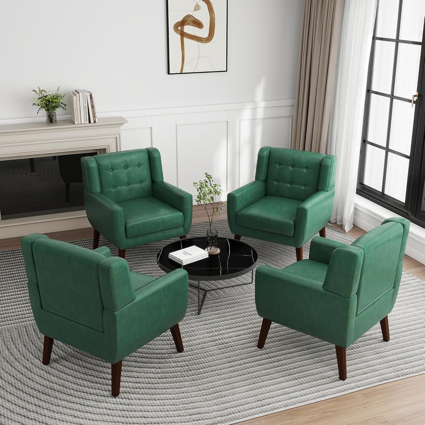 UIXE Faux Leather Accent Chairs Set of 4, Modern Arm Club Chair Upholstered Armchair for Living Room, Comfy Single Sofa Seats Button Tufted Reading Seating, Green