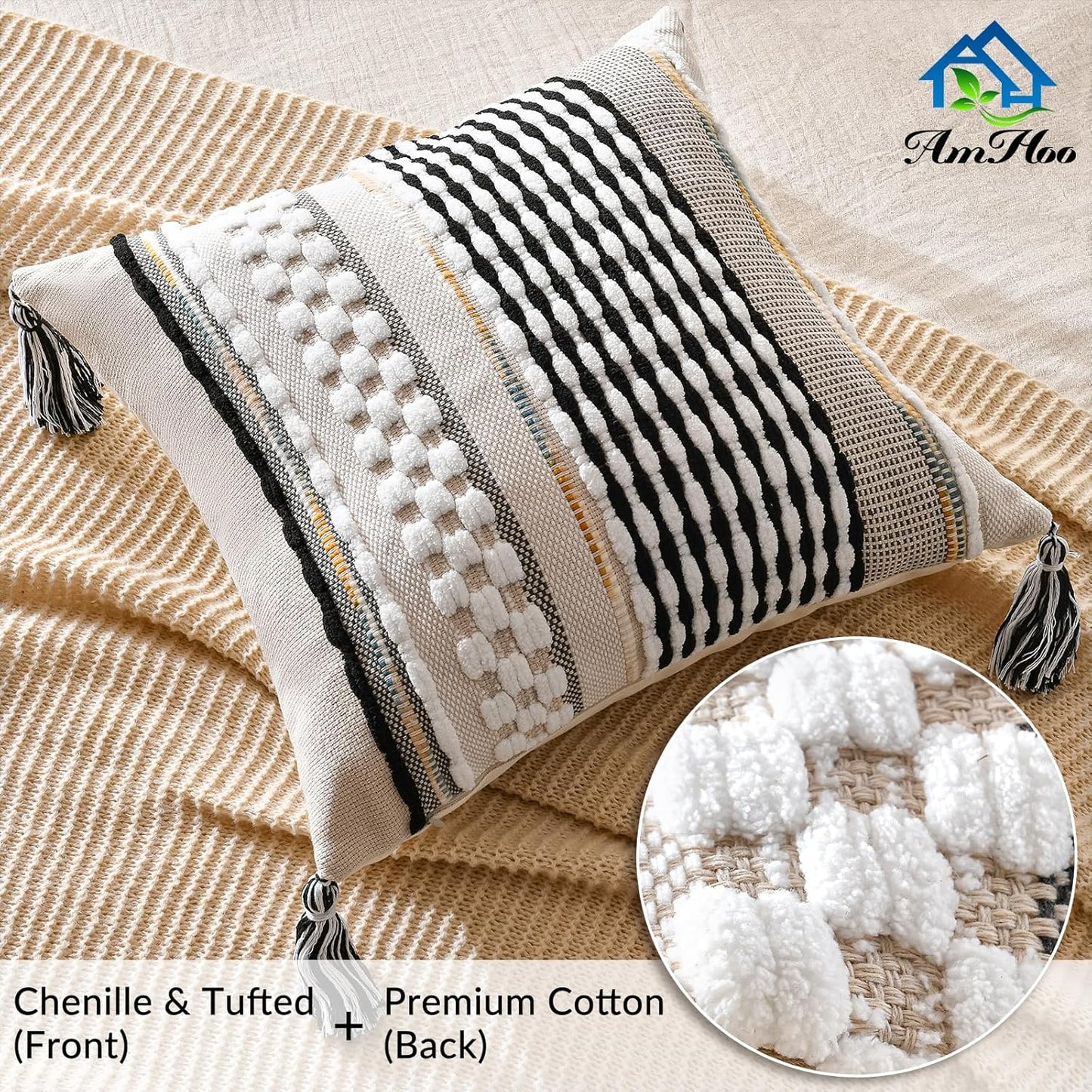 AmHoo Chenille Striped Textured Boho Throw Pillow Covers Aesthetic with Tassels Woven Decorative Pillow Case for Couch Bed Sofa Bedroom Modern Funky 18 x 18-Inch Black