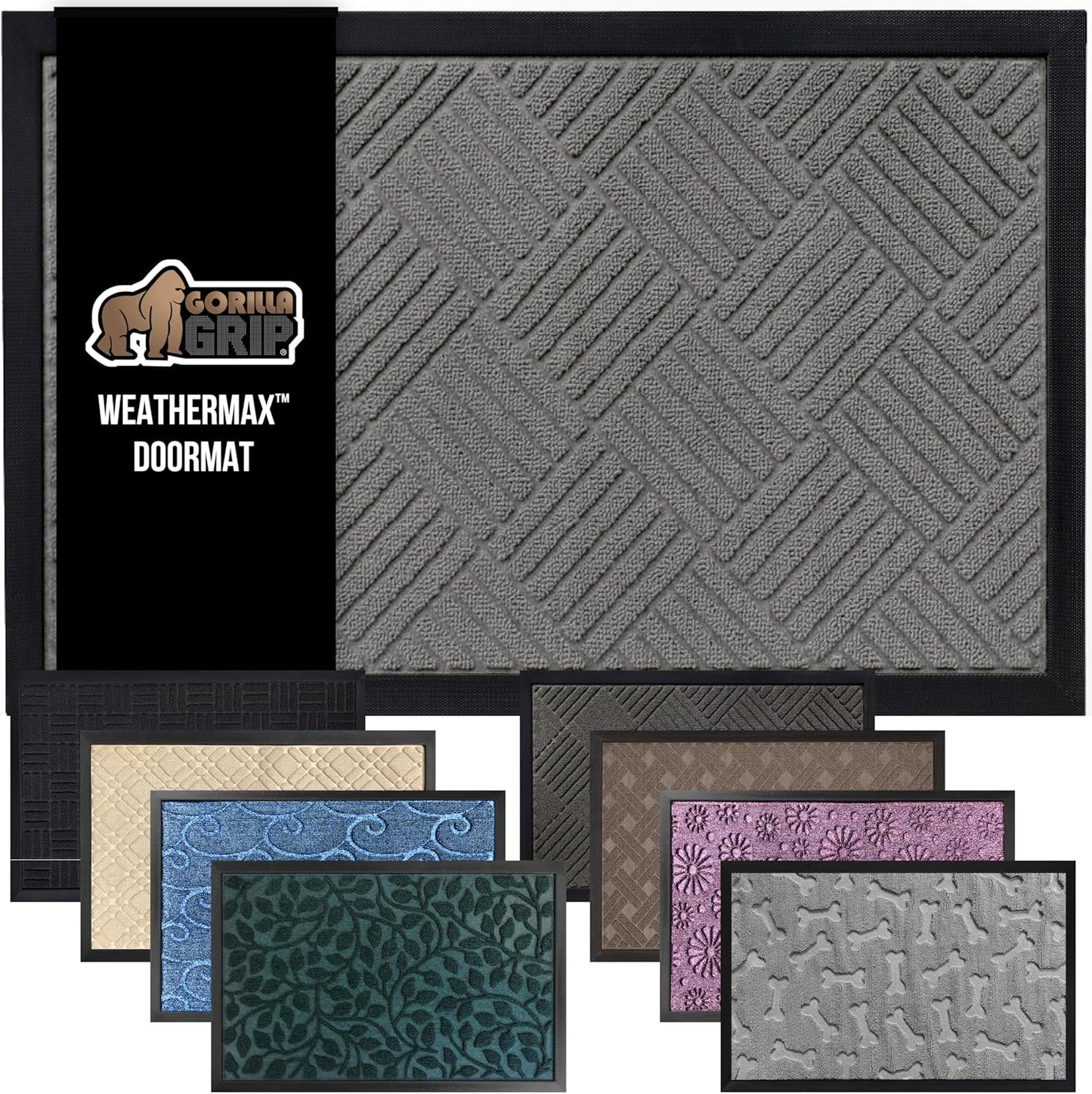 GORILLA GRIP 100% Waterproof All-Season WeatherMax Doormat US Designed Natural Rubber, Stain and Fade Resistant, Low Profile Indoor Outdoor Door Mats, Easy Clean Patio Mat, 17x29, Steel Diamond
