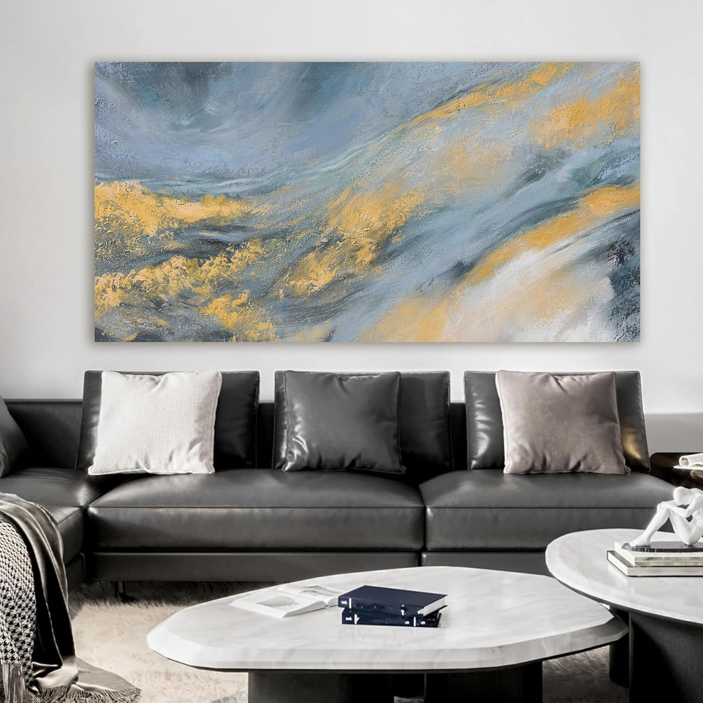 Abstract Wall Art Decor Large Modern Blue Wall Art Prints Abstract Canvas Art Wall Decor Large Canvas Wall Art for Living Room Gold Wall Art Decorations Artwork for Walls Bedroom Office Decor 29"X58"
