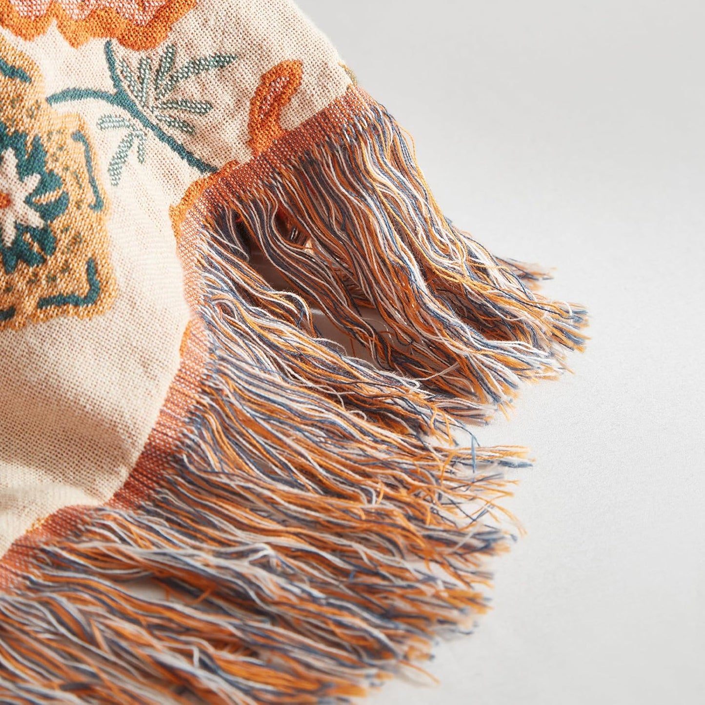 Boho Throw Blanket for Bed 90”x98”, 100% Cotton Woven Blanket for Couch Sofa, Ultra Soft 4-Layer Muslin Quilt with Floral Printed, Farmhouse Bed Blanket/Cover for Living Room Decor