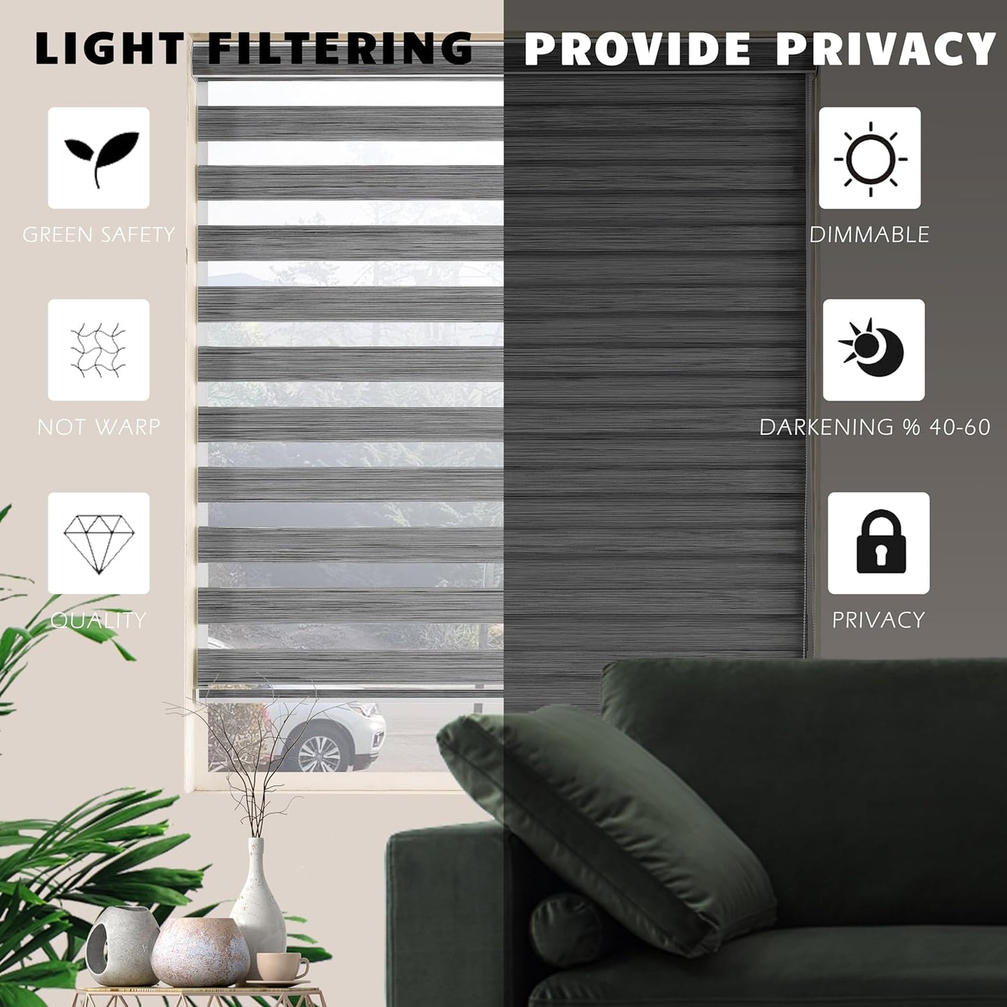 Zebra Blinds Window Blind Zebra Shade Blinds for Windows Roller Sheer Shades Privacy Light Filtering Shades for Home Kitchen Bathroom (Width 68'' X Height 72'' Grey)