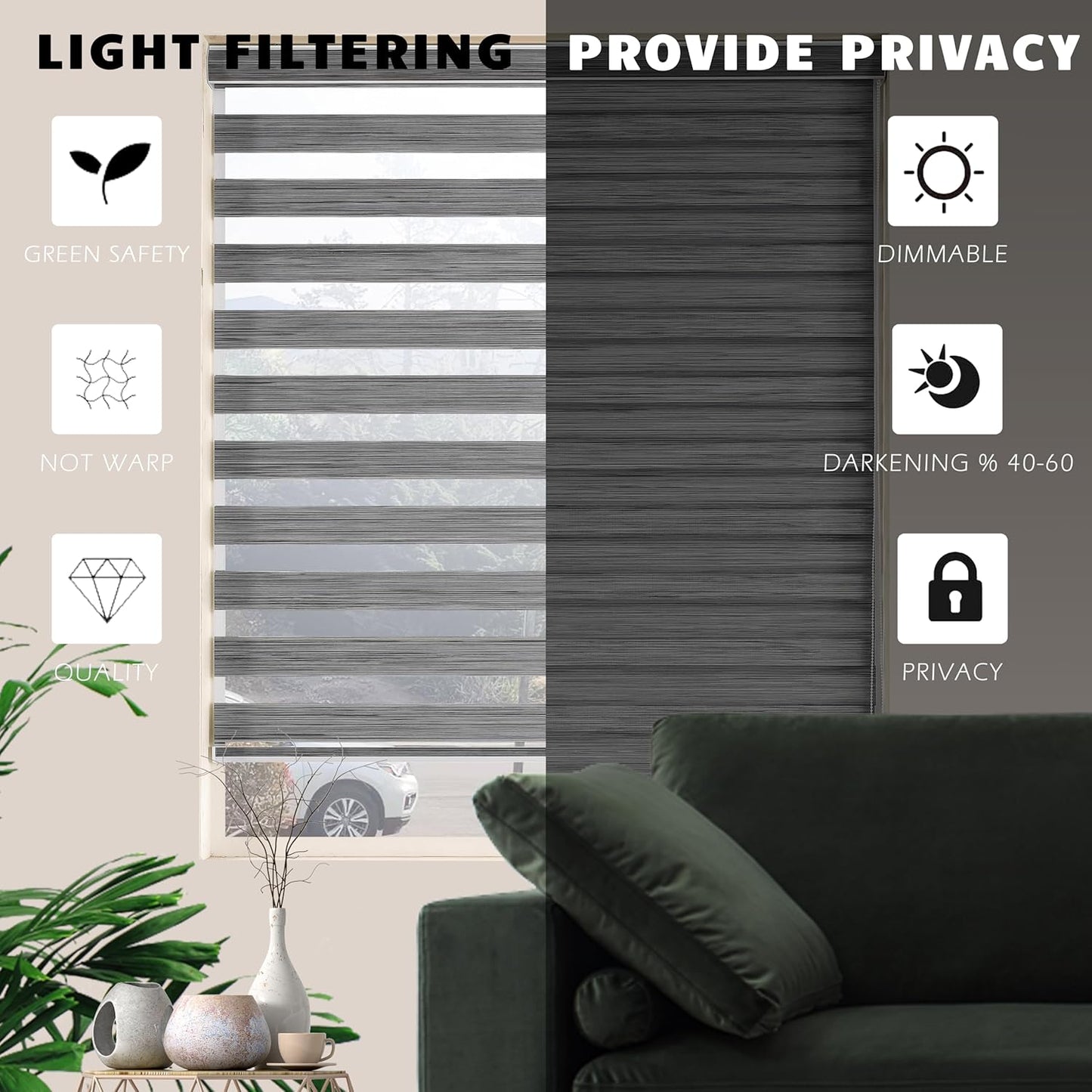 Zebra Blinds Window Blind Zebra Shade Blinds for Windows Roller Sheer Shades Privacy Light Filtering Shades for Home Kitchen Bathroom (Width 52'' X Height 72'' Grey)