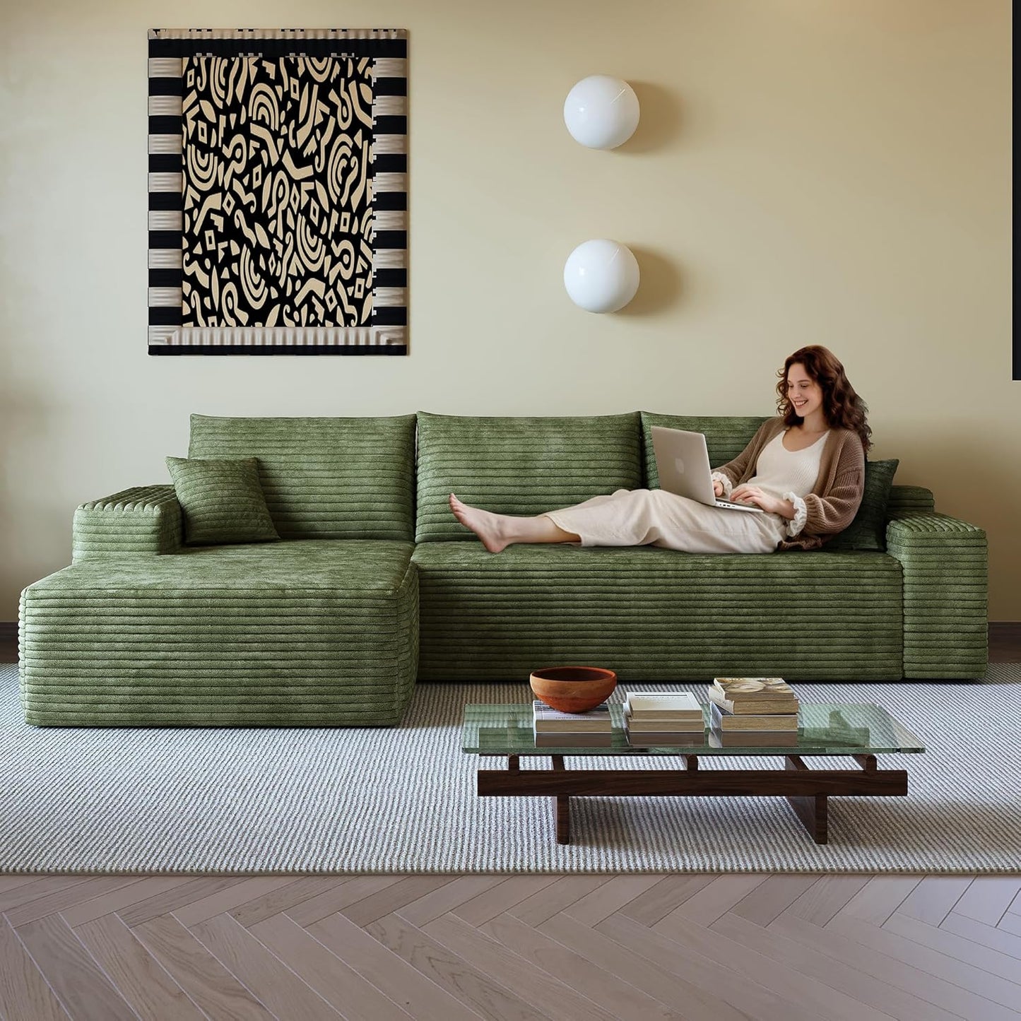 108" Sectional Couches for Living Room Modern Modular Sofa with L-Shape Couchs Upholstered Boneless Couch Deep Seat Sectional Couch with Chaise (Green, Left Facing Chaise+2Seaters)