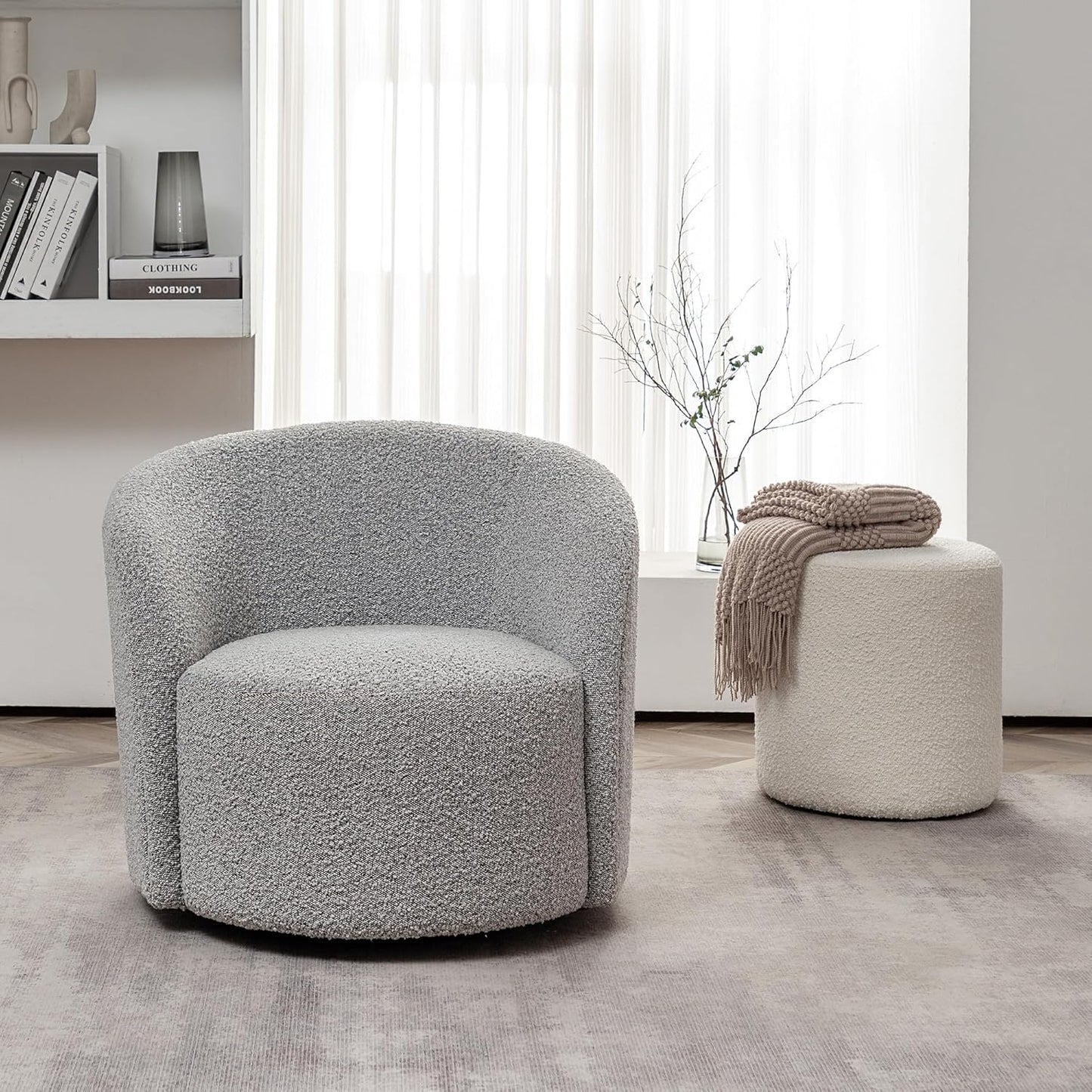 KINWELL 34" Boucle Swivel Barrel Chair with 18" Round Ottoman Set, Fully Assembled Set of Sherpa Accent Chair and Footrest, Modern Comfy Armchair and Footstool for Living Room and Bedroom, Black White