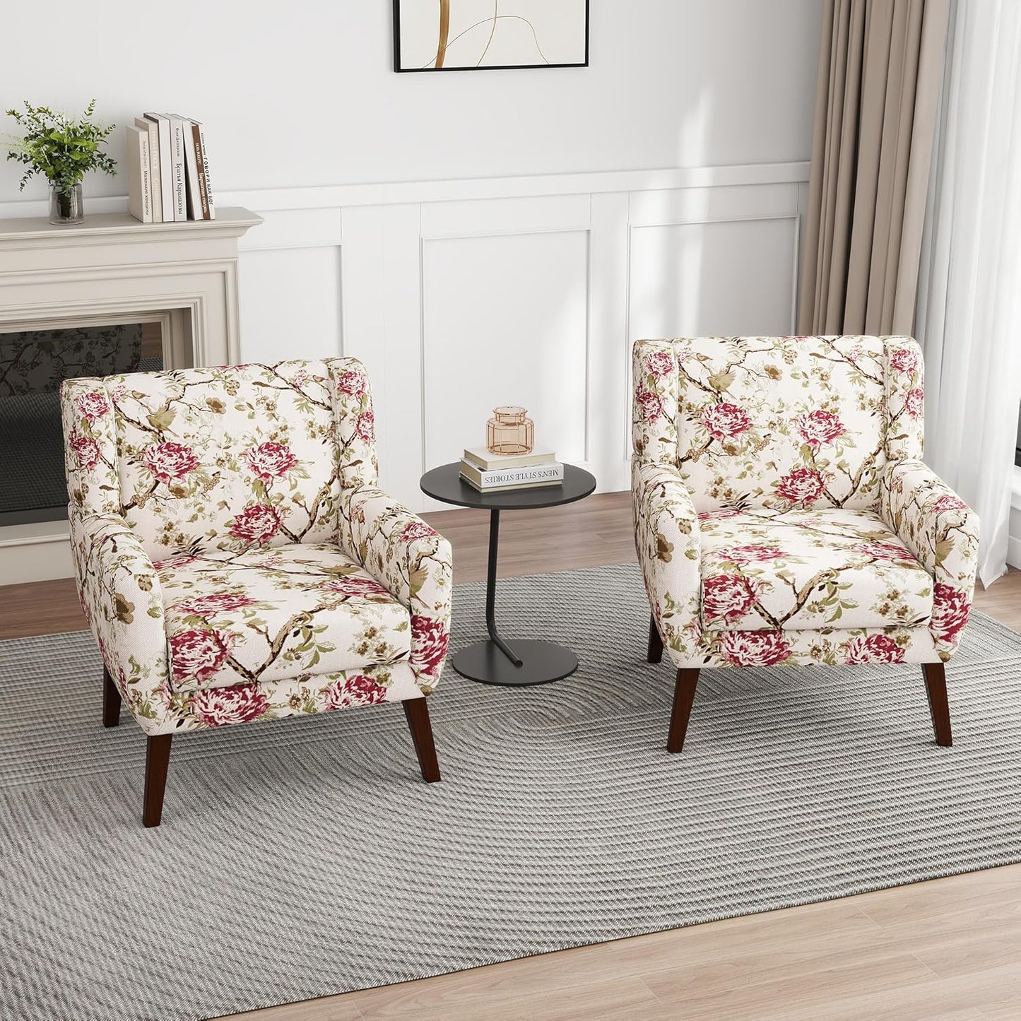 UIXE Floral Accent Chair, Modern Upholstered Armchair in Fabric for Living Room, Comfy Club Arm Chairs Single Sofa Button Tufted Bedroom Reading Seat - Pattern Floral, Set of 2