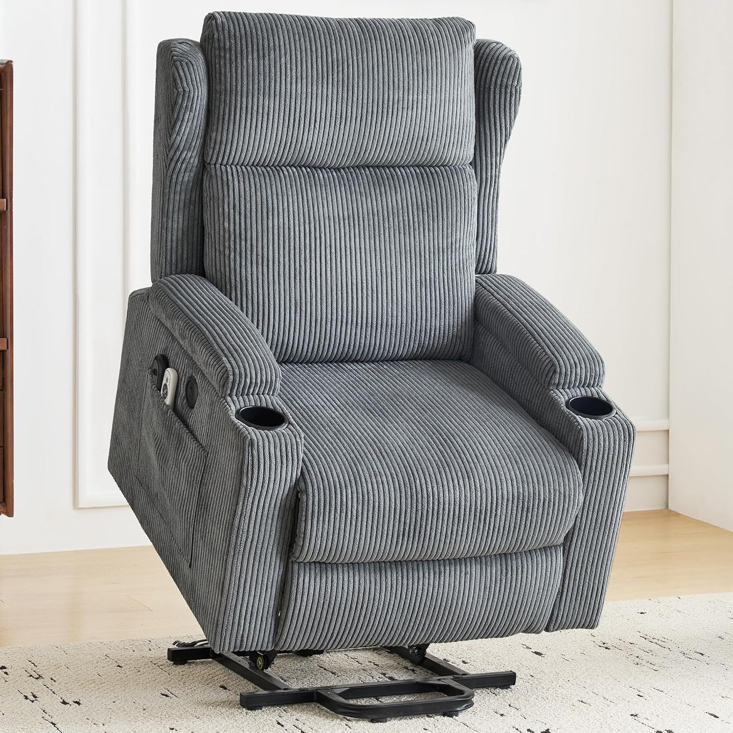 Lift Recliner Chair for Adults with Massage and Heating, Power Lift for Elderly, Corduroy Fabric Reclining Chair with USB &Type-C Port, Cup Holders, L6111 (Grey)