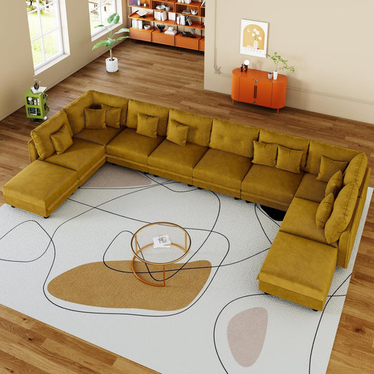 LLappuil Modular Sectional Sofa with Storage Seats, Corduroy Convertible Modular U Shaped Sectional Couch for Living Room, 10 Seat Oversized Sofa with 10 Back Cushion 10 Throw Pillow, Yellow