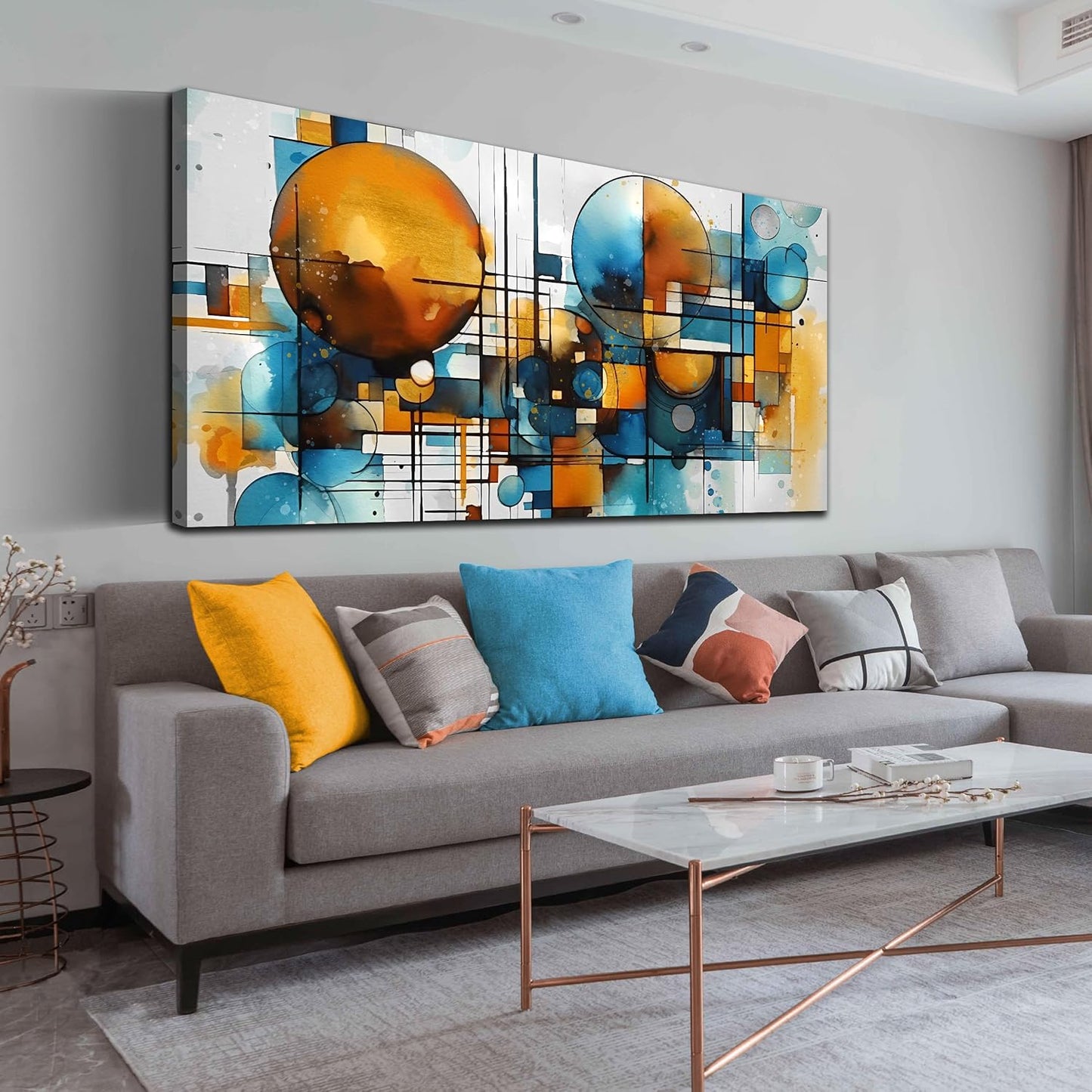 ENTANUB Abstract Wall Art for Living Room, Circle Canvas Wall Decor for Bedroom, Orange and Blue Print Paintings Artwork, Size 29x59 Inches