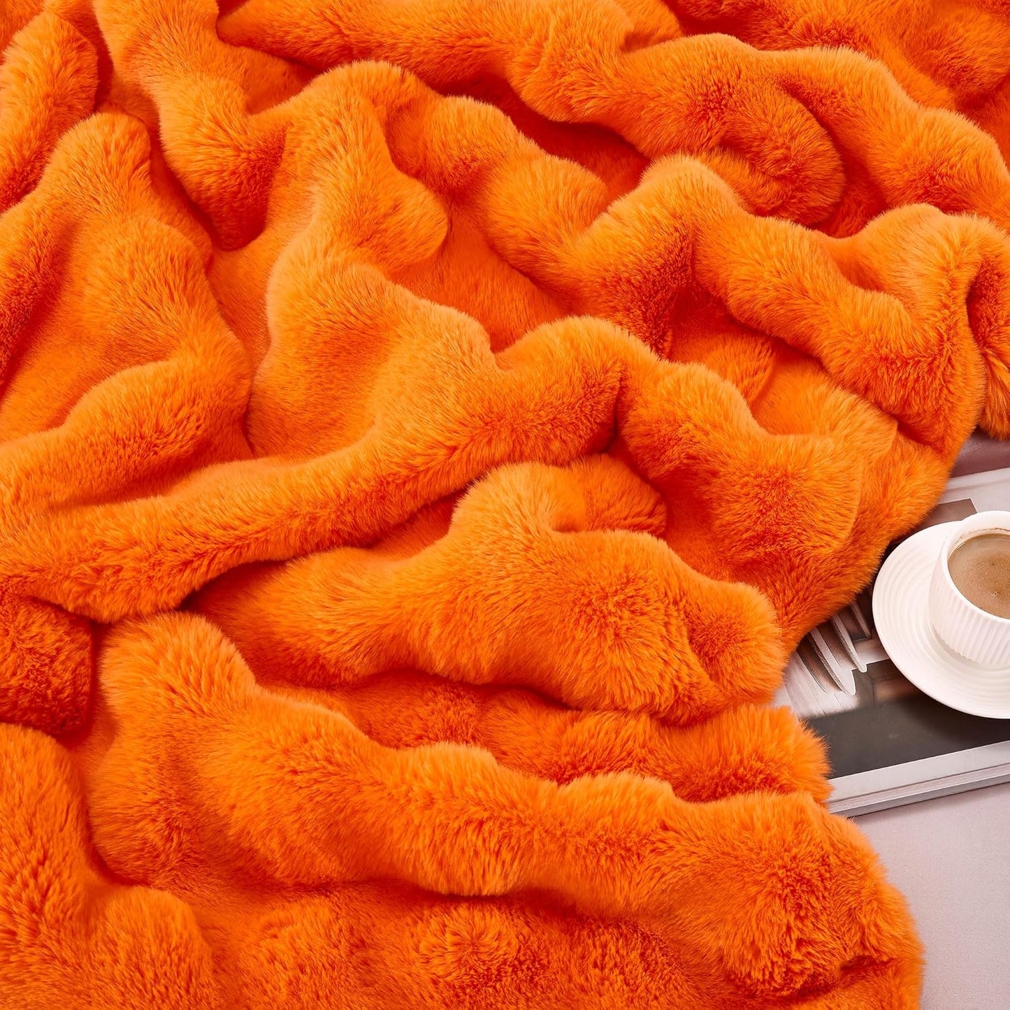 DREAMNINE Large Fuzzy Soft Fall Bubble Faux Rabbit Fur Blanket Full Size 70" x 80", Luxury Big Autumn Plush Fluffy Blankets for Bed, Cute Lovely Cozy Thick Warm Furry Blanket for Winter,Pumpkin Orange