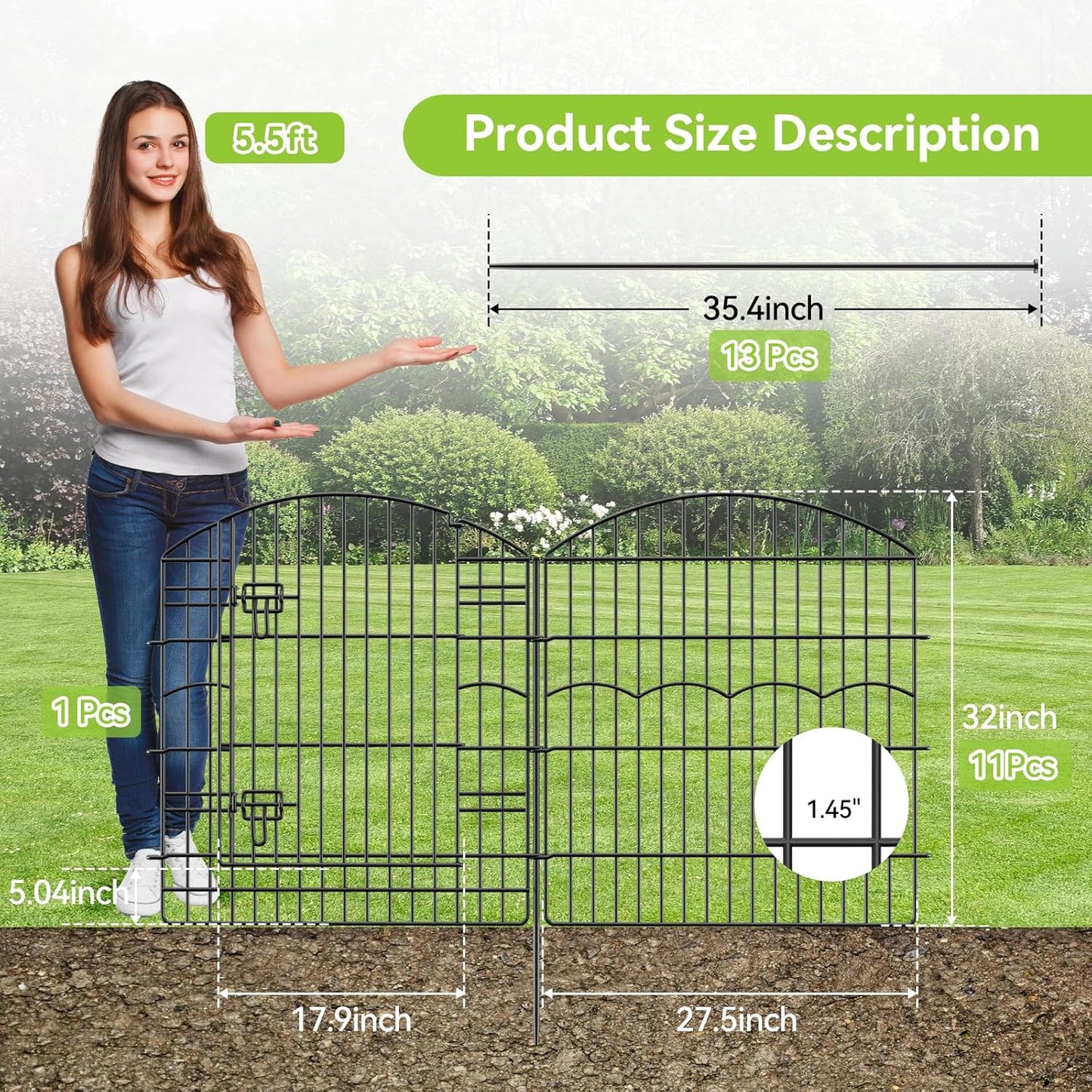 Decorative Garden Fence 12 Panels 26.8ft(L)×32in(H) Garden Fences Animal Barrier Fencing with 11 Panels + 1 Gate, No Dig Metal Rustproof Wire Border Temporary Dog Fence Outdoor for Patio Yard Lawn
