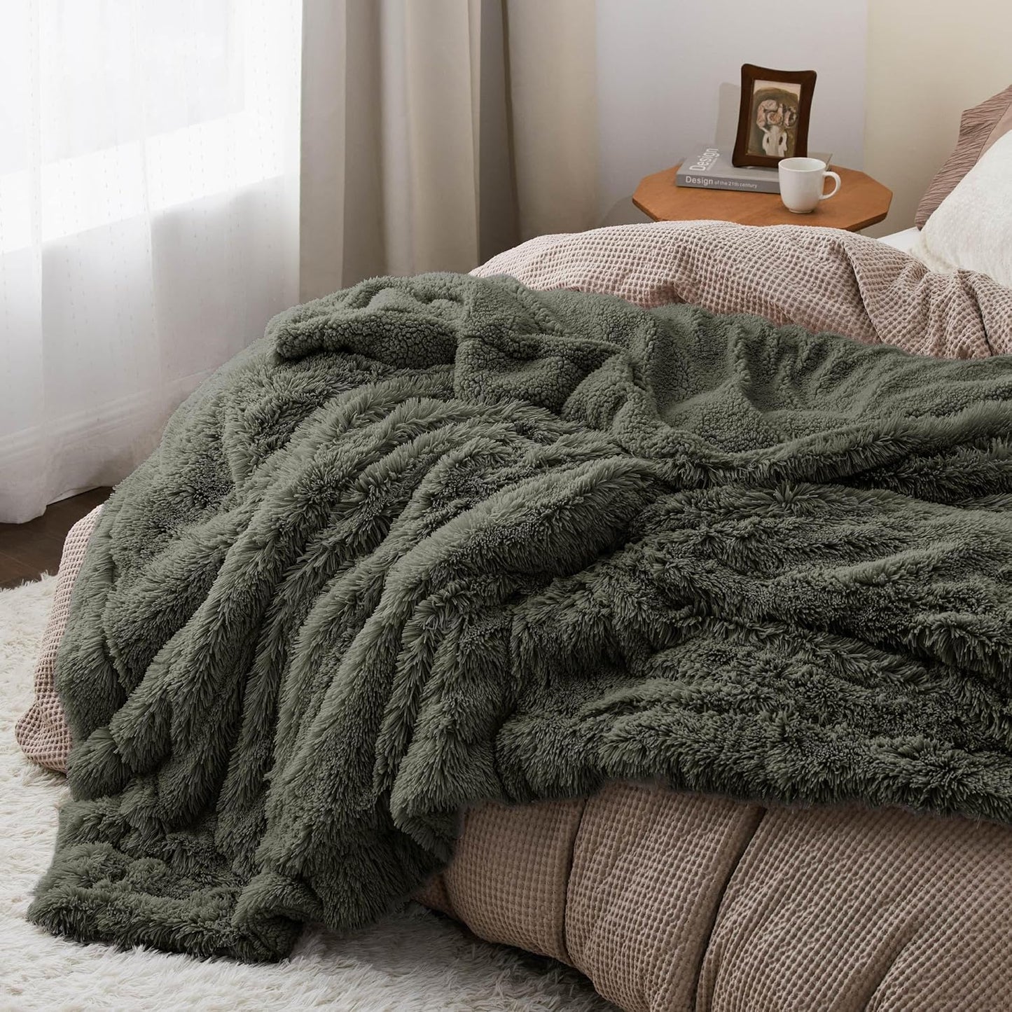 Bedsure GentleSoft Fluffy Olive Green Blankets Queen Size for Bed, Thick Sherpa Faux Fur Fleece Fuzzy Plush Winter Warm Soft Queen Blankets, Bedroom Olive Green Decor Cozy Gifts for Women Men, 90x90