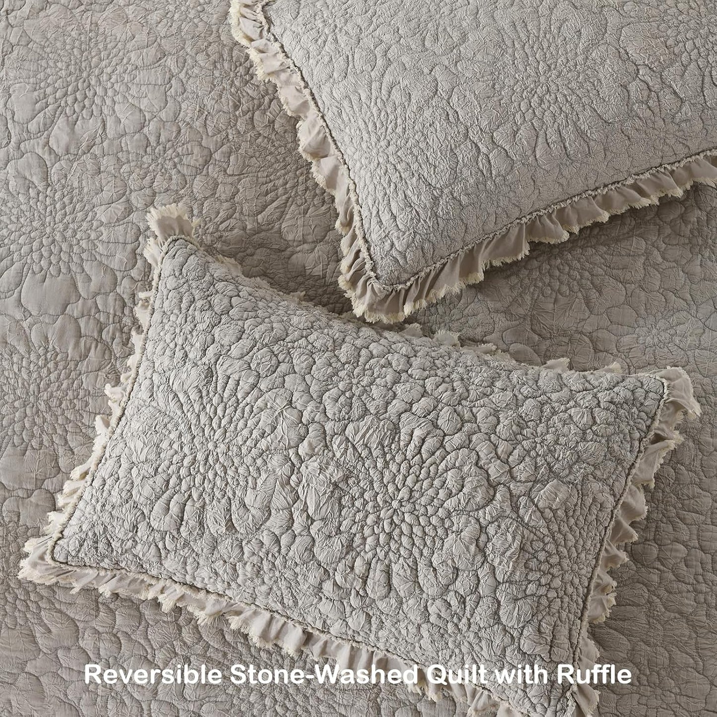HORIMOTE HOME Beige Ruffled Quilt Queen Size, Stone-Washed Microfiber Lightweight Crinkled Farmhouse Rustic Shabby Chic Bedding Set, 3 Pieces Reversible Bedspread with Pillow Shams for All Season