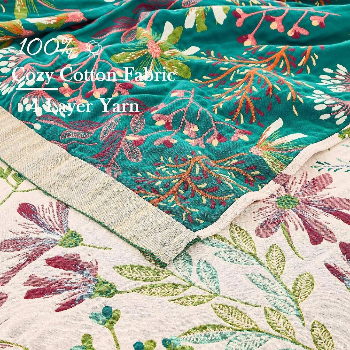 Boho Throw Blanket for Bed, 100% Cotton Soft Rustic Quilt Fall Blanket, 60"x80" Floral Printed Farmhouse Decor Bed Blankets, All Season Rustic Reversible Bohemian Throw Quilt