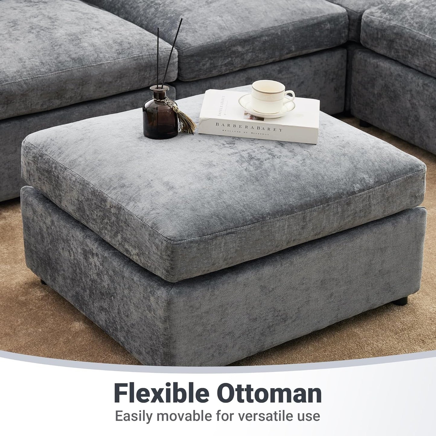 Tbfit L Shaped Couch 8 Seat, Sectional Sofa for Living Room,Chenille Cloud Couch with Ottoman, Grey