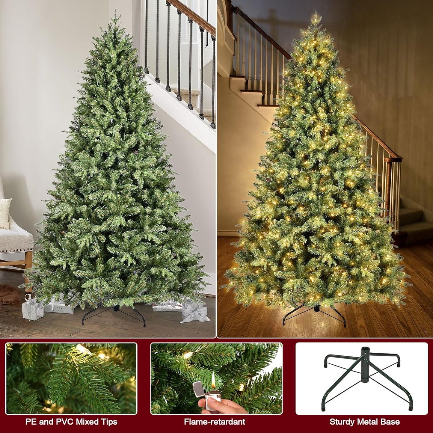 8FT Pre-Lit Artificial Christmas Tree with 2748 PE&PVC Mixed Branch Tips, 600 Warm White Lights, Hinged Premium Spruce Fake Xmas Trees, Green, Foldable Base