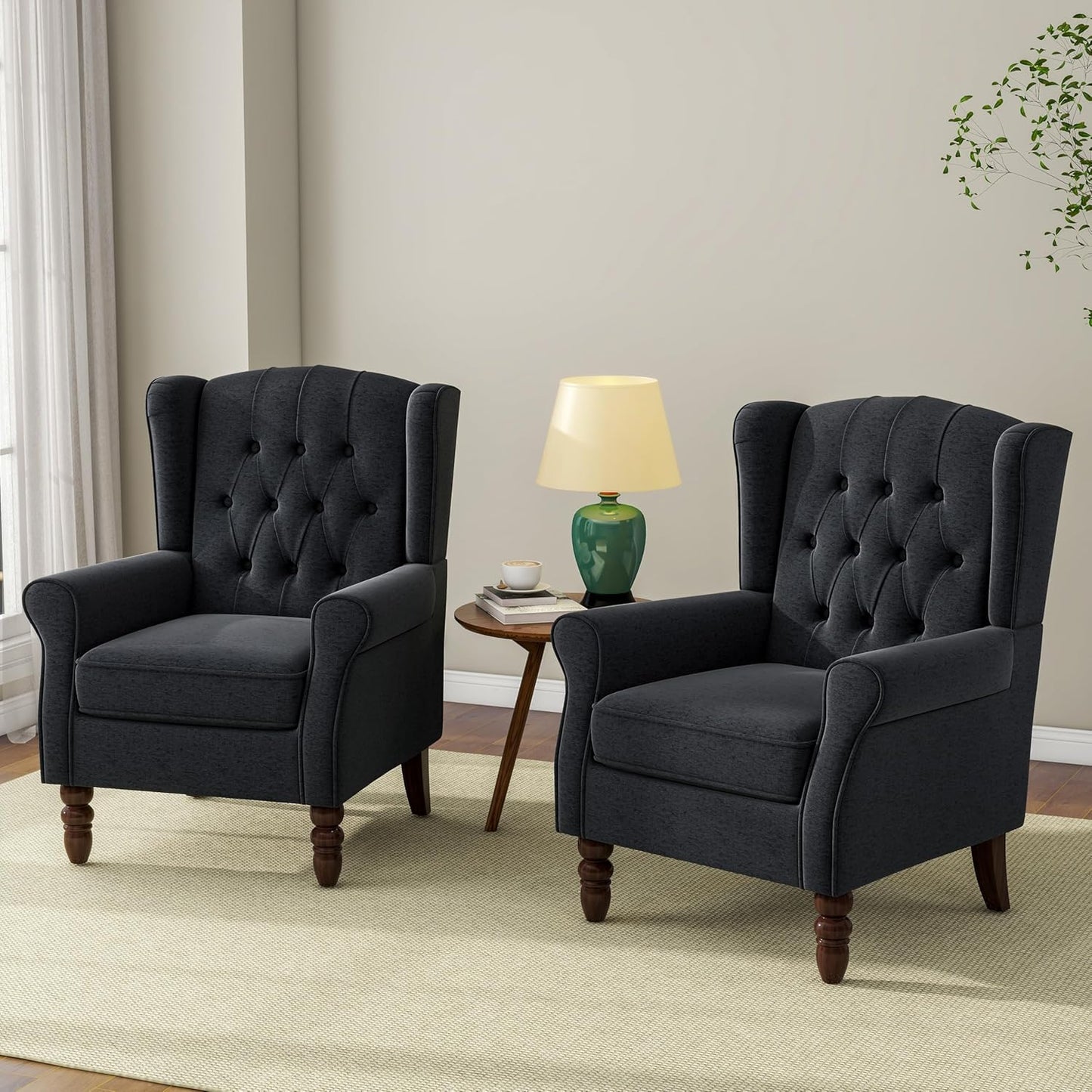 Accent Chair, Upholstered Armchair with Button Tufted High Back & Solid Wood Legs, Comfy Wingback Reading Single Sofa Chair for Small Spaces, Living Room, Bedroom-Blue,1 SEAT