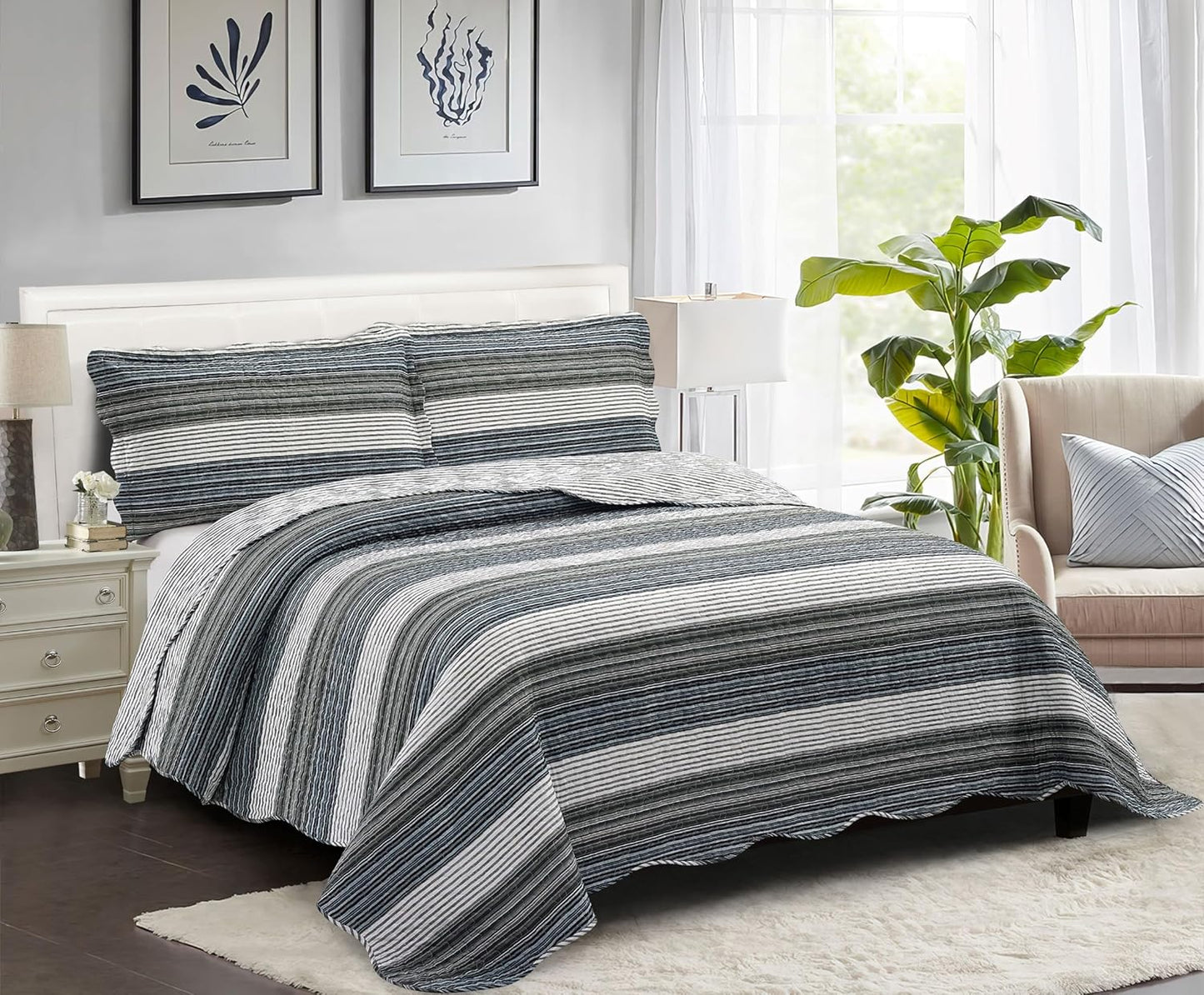 Brilliant Sunshine Multi Grey Stripes Patchwork, 3-Piece Quilt Set with 2 Shams, Reversible Bedspread, Soft Lightweight Coverlet, All-Season, King, Multi Grey