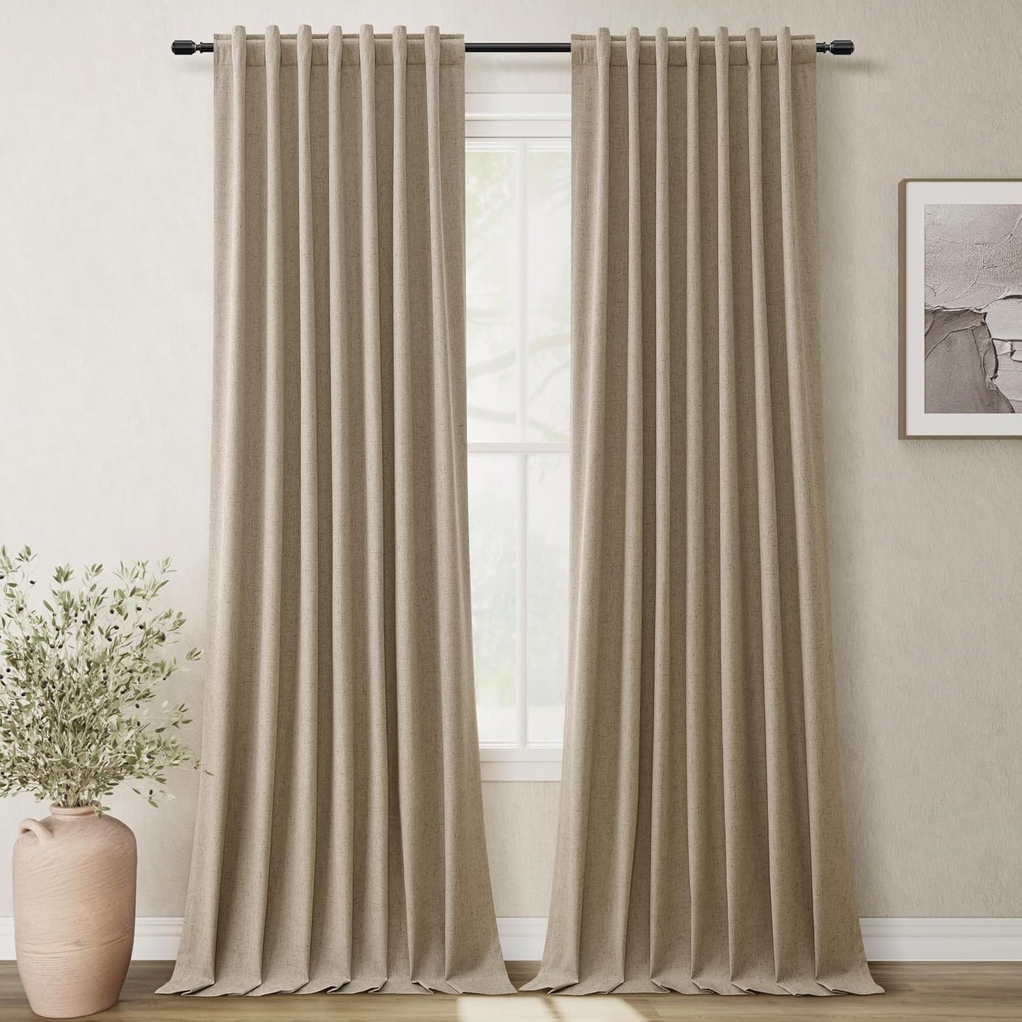 BOODII 100 Inch Blackout Curtains 2 Panels Set Back Tab Thermal Insulated Khaki Linen Textured Black Out Curtains Noise Reducing Neutral Living Room Darkening Window Drapes Pleated Look 52x100