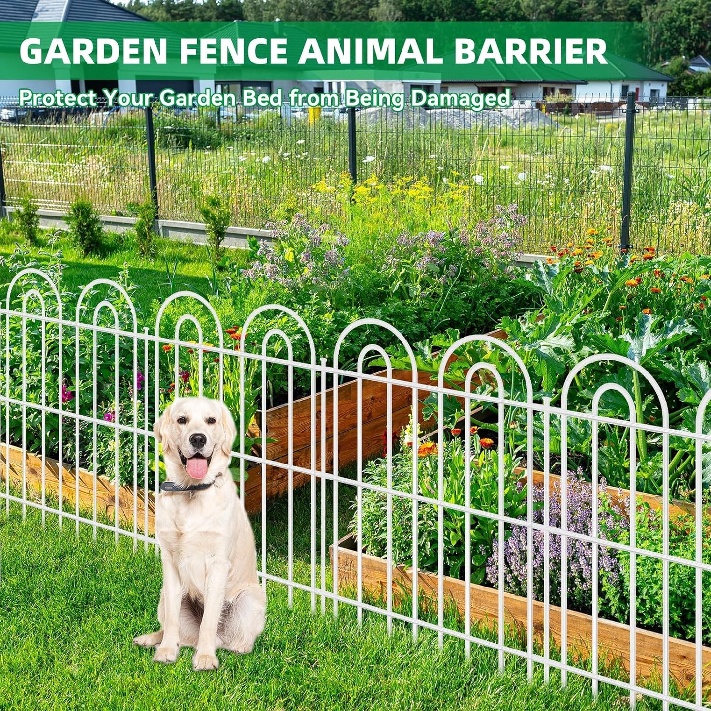 15 Panels Decorative Garden Fence, 32 in(H) X 30 ft(L) No Dig Dog Fence Outdoor for Yard, Rustproof Tall Metal Garden Fencing Animal Barrier with Ground Stakes, Temporary Fencing for Patio, White