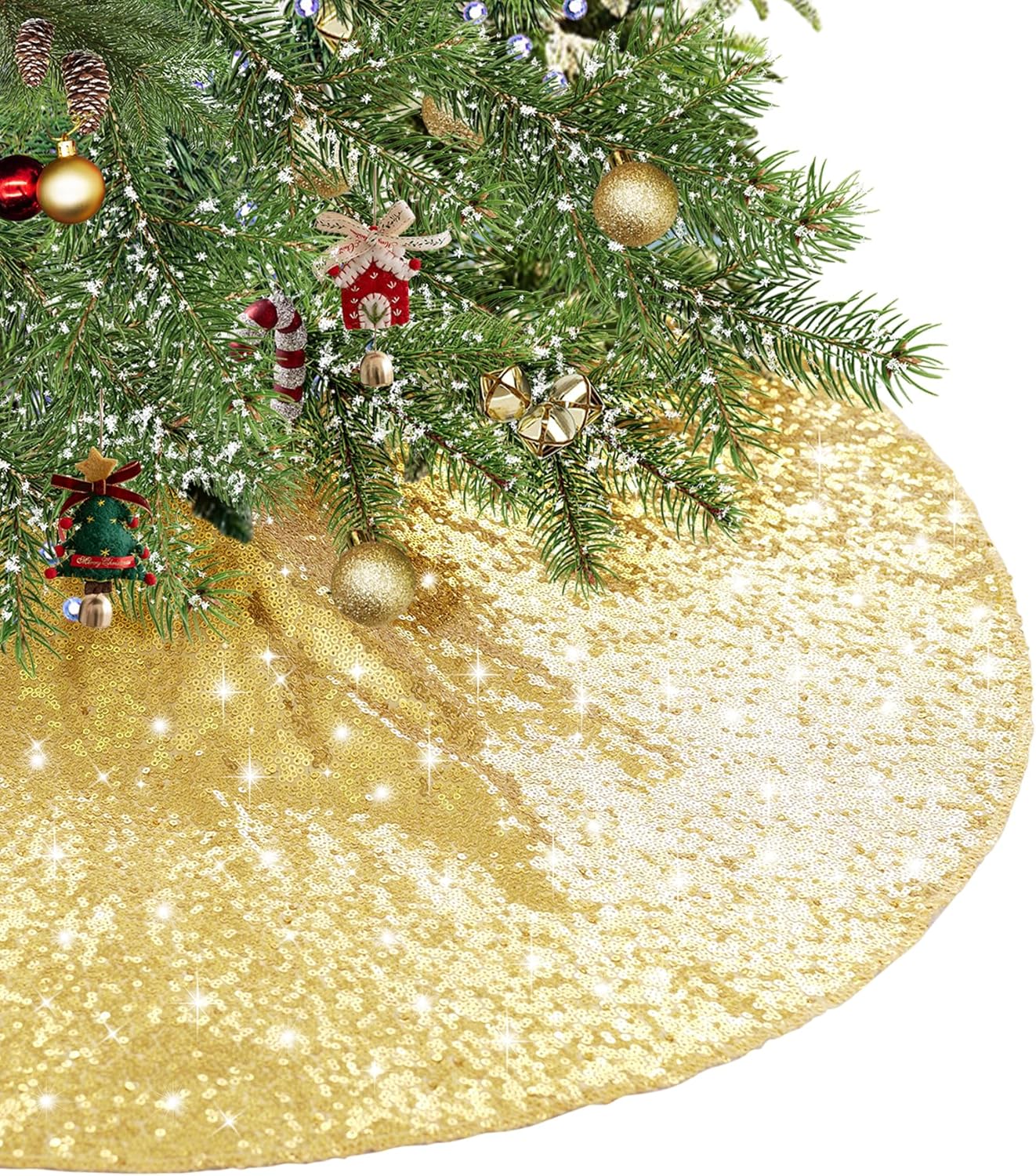 Eternal Beauty Christmas Tree Skirt, 50 Inch Gold Sequin Tree Skirt Small Xmas Tree Skirt for Christmas Tree Decorations