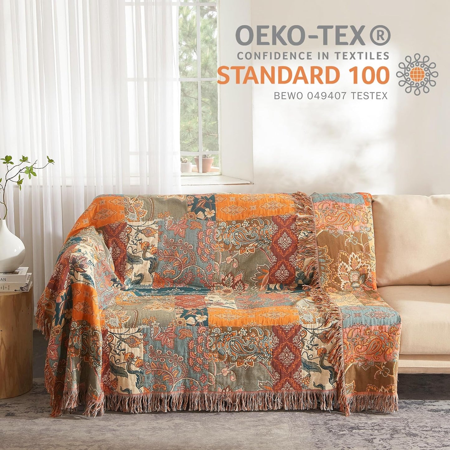 Boho Throw Blanket for Bed 60”x80”, 100% Cotton Woven Blanket for Couch Sofa, Ultra Soft 4-Layer Muslin Quilt with Patchwork Floral Printed, Farmhouse Bed Blanket/Cover for Living Room Decor