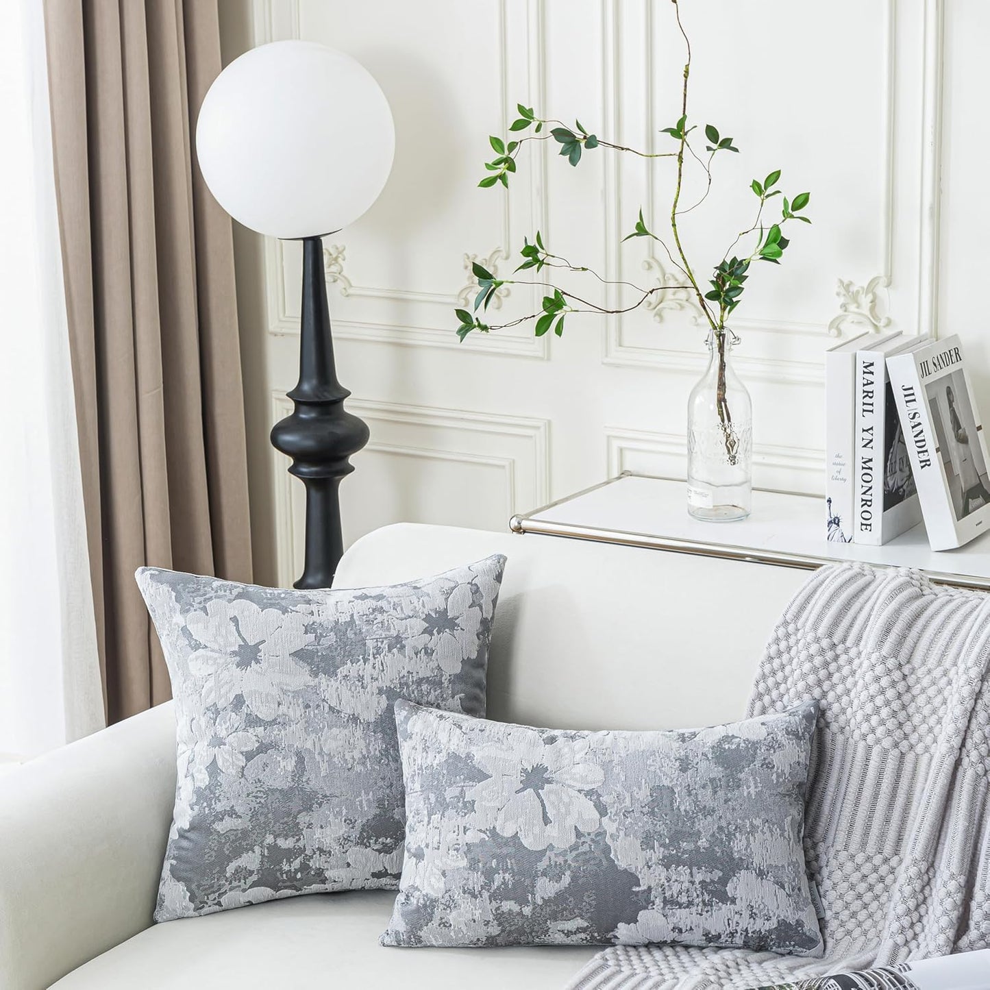 Jacquard Throw Pillow Covers 18x18 Inch Set of 2 - Vintage Floral Boho Pillow Cases with Botanical Pattern | Farmhouse Decor for Couch Living Room | Soft Textured Neutral Trio Slate Gray 18" x 18"