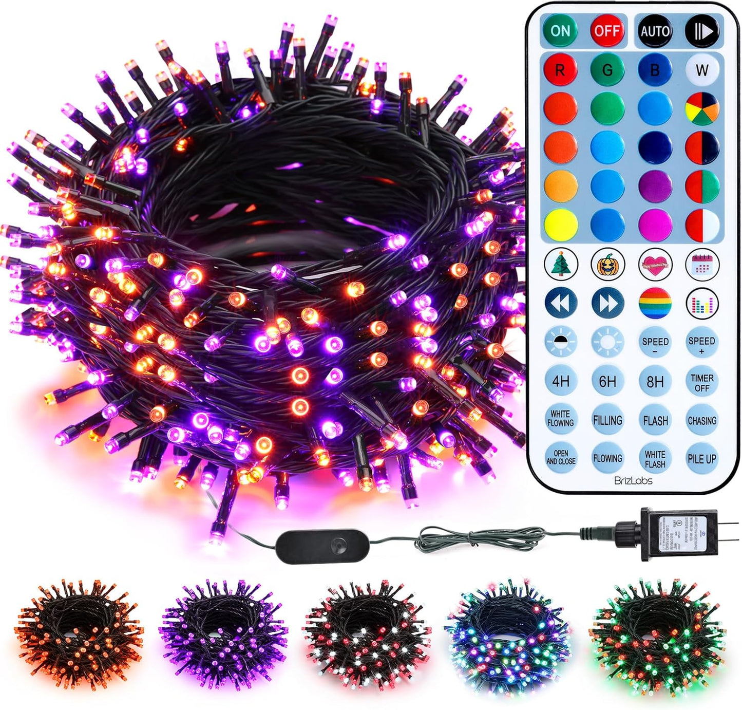 BrizLabs RGB Christmas Lights, 33ft 100 LED Color Changing Orange Purple Halloween String Lights with Remote, Dimmable Mini Light String for Indoor Outdoor Halloween Xmas Mardi Gras Year-Round Decor