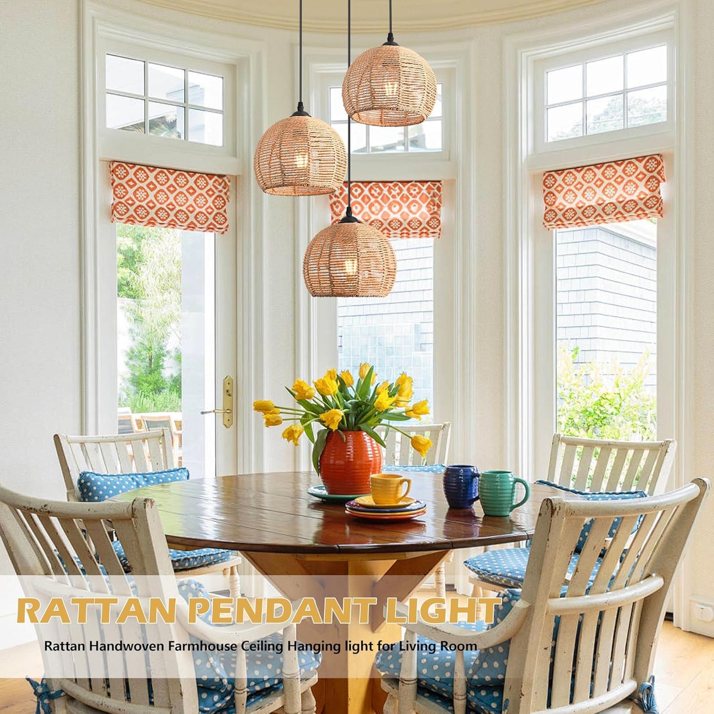 3-Light Mini Hemp Rope Woven Pendant Light Kitchen Island,3 Dome Hand Woven Boho Rattan Chandelier Farmhouse Wicker Ceiling Light,rustic Light Fixture For Living Room Hallway Dining Room(Bulb Incl.