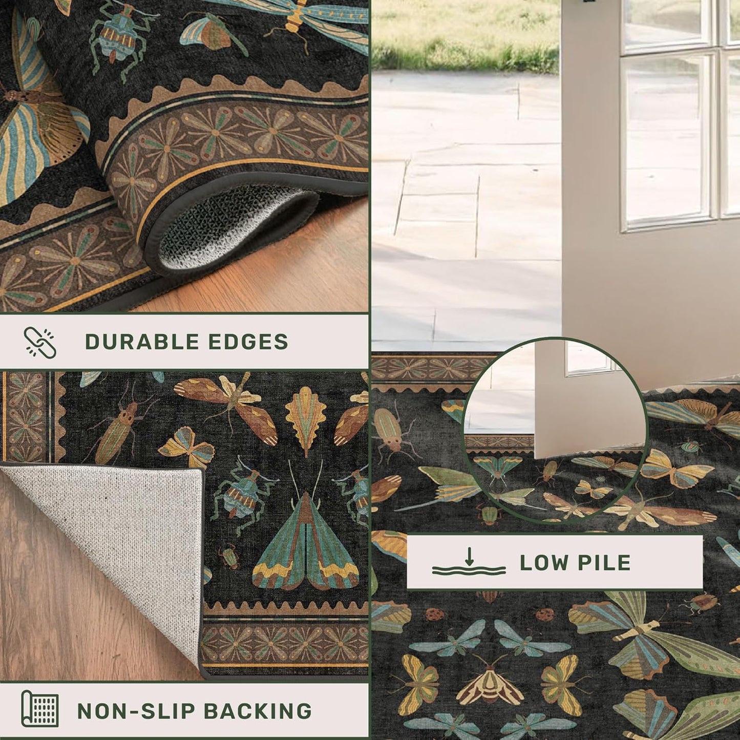 2x6 Black Entryway Runner Rugs Washable Non Slip Runners for Hallway, Kitchen, Mudroom, Laundry Room, Stain Resistant Ultra Soft Non Skid, Nature Insect Fantasy Whimsical Indoor Decor