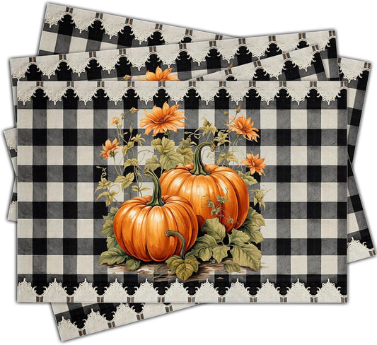 Halloween Pumpkin Placemats Set of 4, 12x18 Inch Pumpkin Plaid Table Mats, Washable Heat Resistant Place Mats for Kitchen Dining Table, Halloween Themed Decoration for Home-B07
