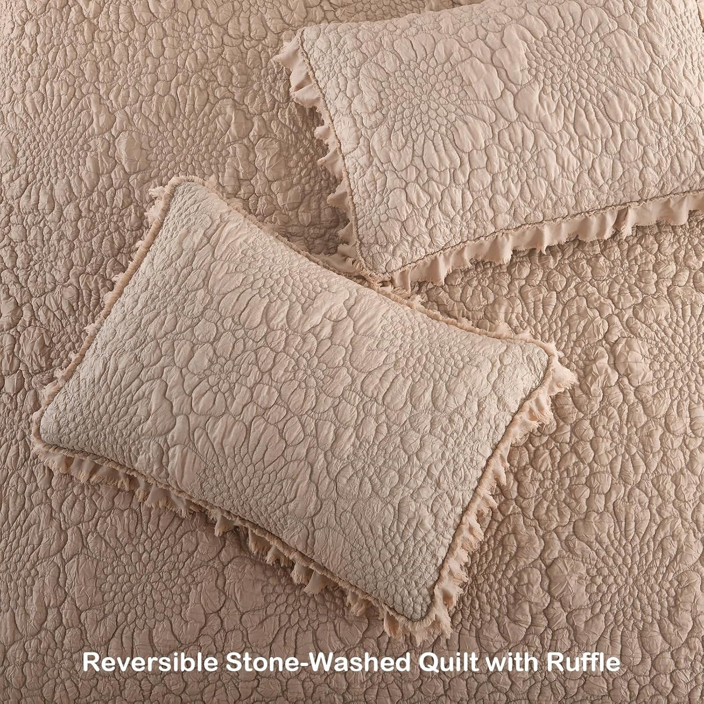 HORIMOTE HOME Pinkish Grey Ruffled Quilt Queen Size, Stone-Washed Lightweight Crinkled Farmhouse Rustic Shabby Chic Bedding Set, 3 Pieces Reversible Bedspread with Pillow Shams for All Season