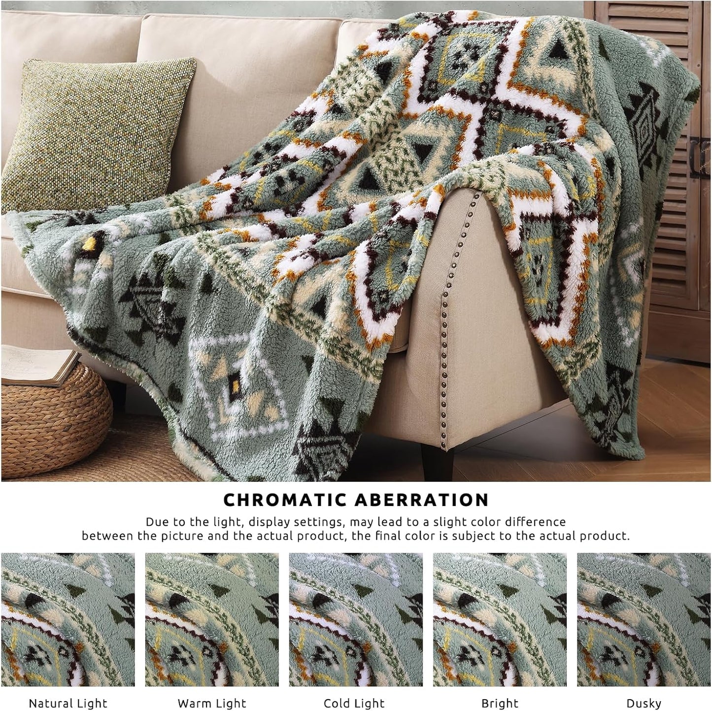 CASAAGUSTO Boho Sherpa Blanket, Aztec Twin Blanket,Ultra Soft, Warm, Cozy, Plush, Thick Fleece Throw Blanket for Couch, Bed, Sofa (Olive Green 60 * 80 Inch)