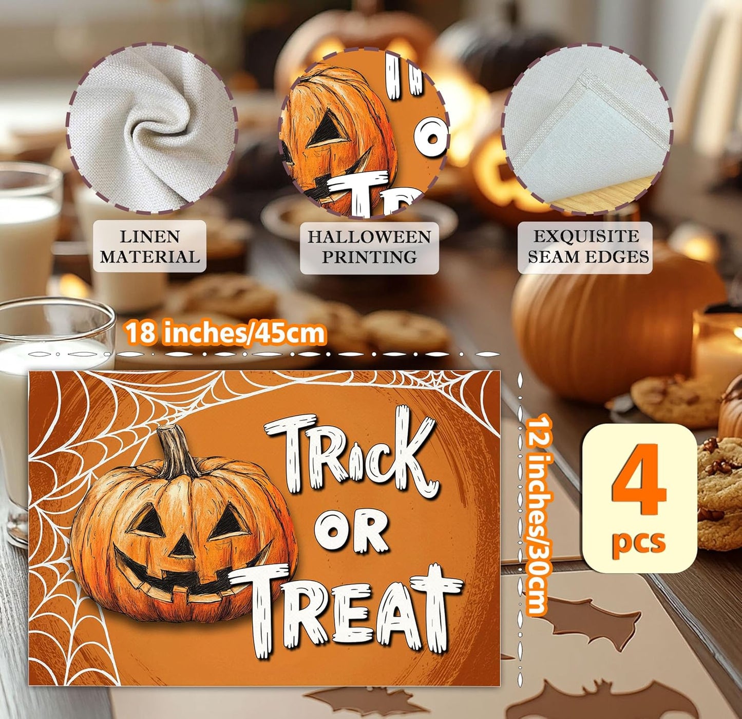 Halloween Pumpkin Placemats Set of 4, 12x18 Inch Trick Or Treat Table Mat, Washable Heat Resistant Place Mats for Kitchen Dining Table, Halloween Themed Decoration for Home-B06