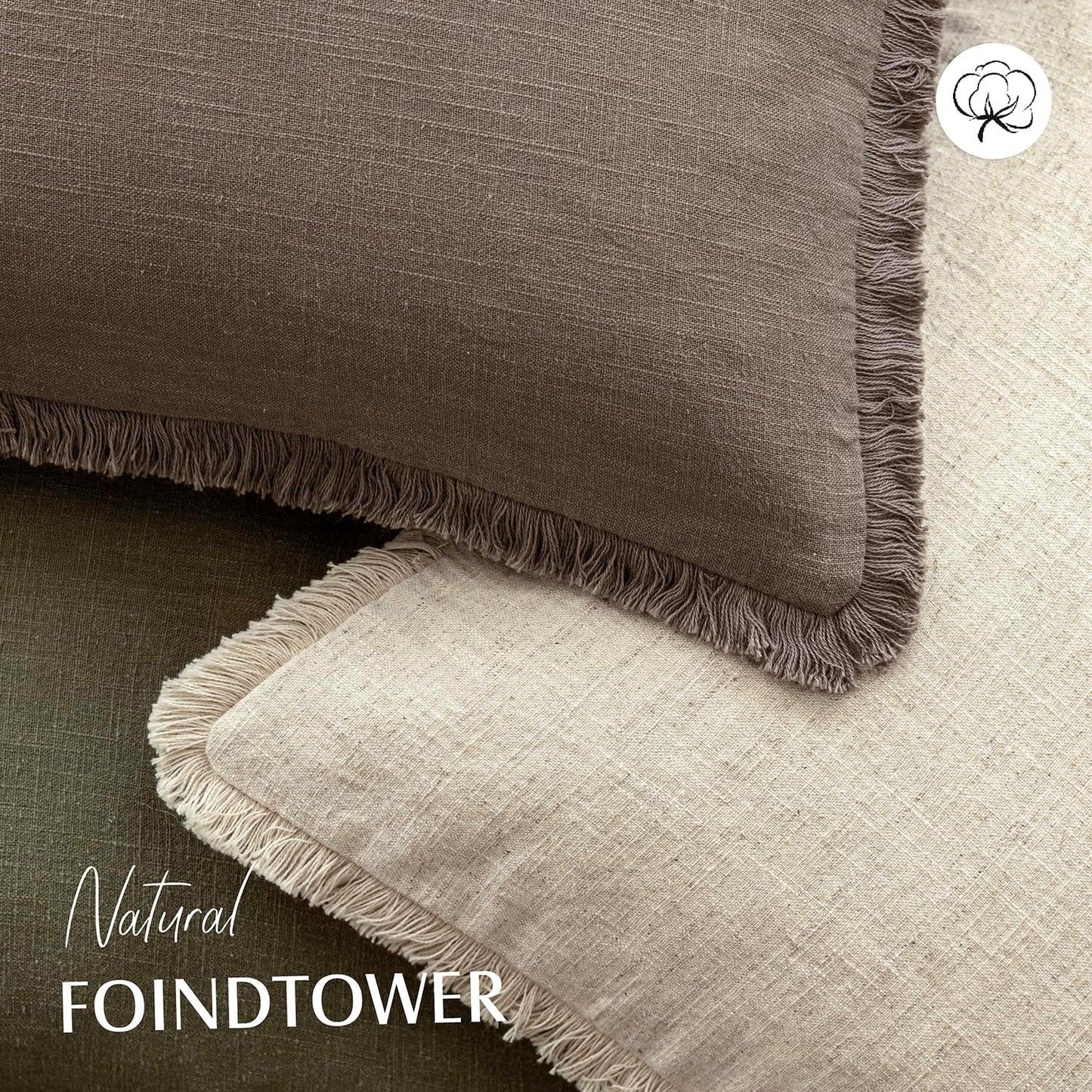 Foindtower Set of 2 Decorative Linen Fringe Throw Pillow Covers Cozy Farmhouse Cushion Cover with Tassels Accent Pillowcase for Couch Chair Sofa Bed Living Room Home Decor,16×16 Inch,Light Coffee