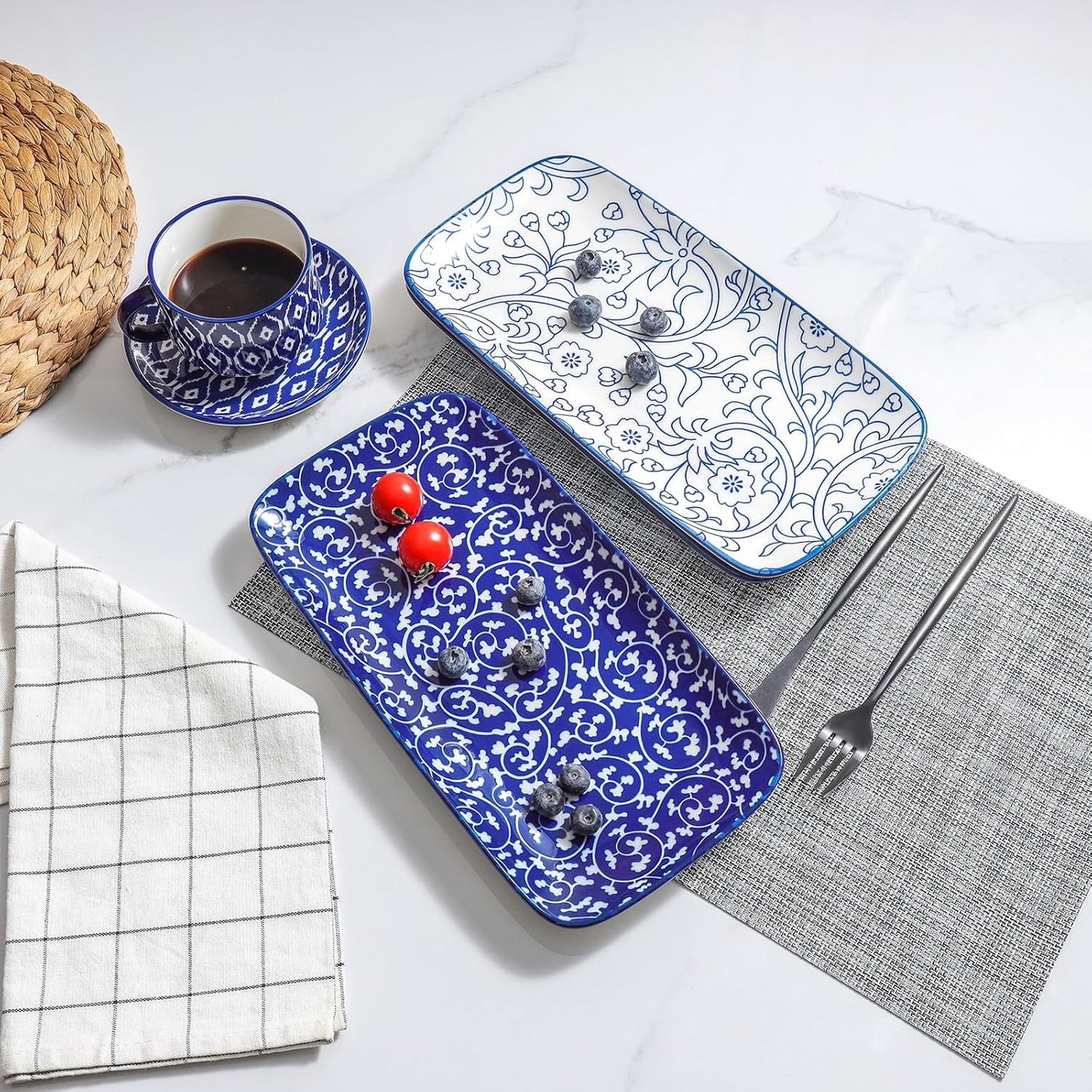 Selamica Ceramic Serving Platters, 12 Inch Serving Trays for Party Entertaining, Large Rectangular Serving Plates for Food, Set of 6, Vintage Blue