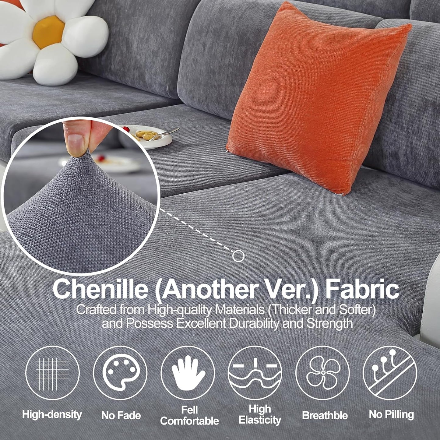 Couch Cushion Covers for L Shaped Sectional Sofa – Softer Chenille Sofa Covers Washable, Non-Slip Stretch Couch Covers & Individual Seat Cushion Slipcovers (3 Piece, Dark Grey)