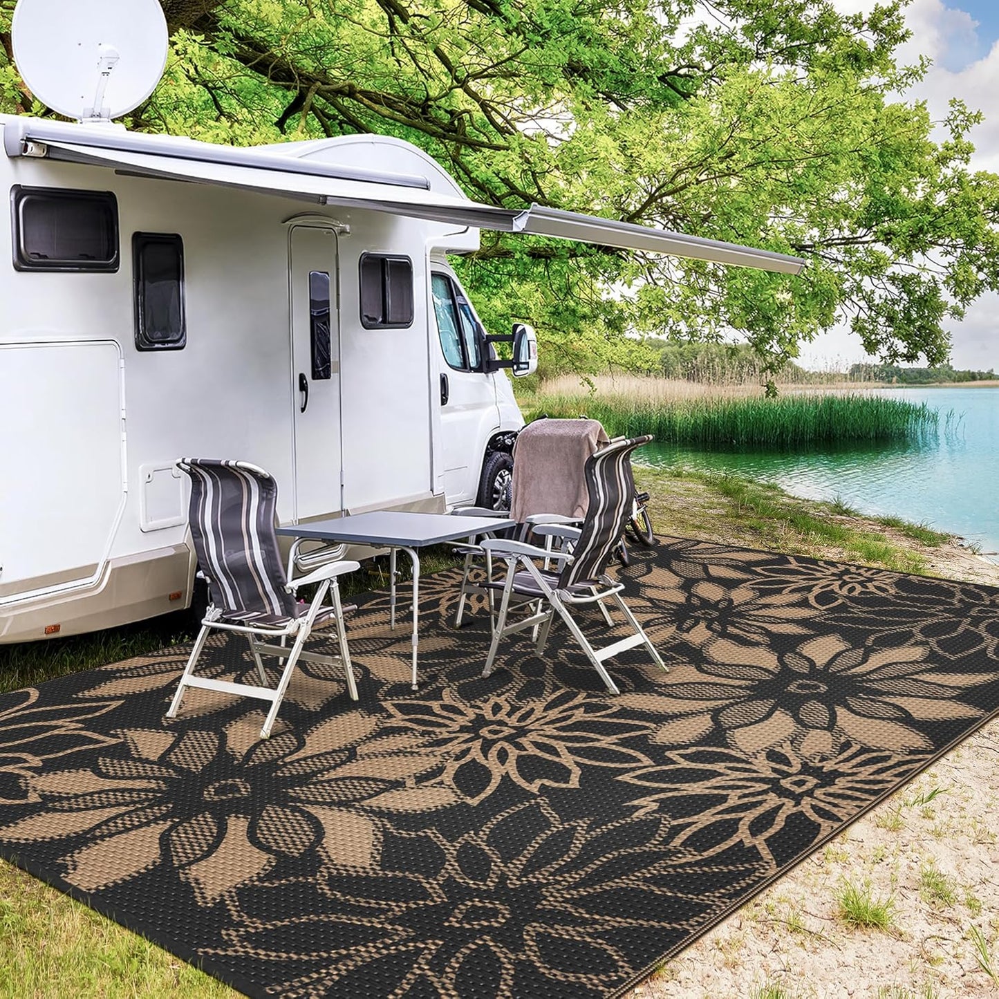 GENIMO Outdoor Rug Waterproof for Patio Decor, 8' x 10' Reversible Plastic Straw Floral Camping Carpet, Large Area Rugs Mats for RV, Camper, Deck, Balcony, Porch, Beach, Picnic, Black & Brown