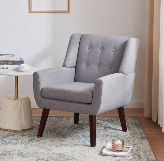 HUIMO Accent Chair Living Room Chair, Upholstered Button Tufted Armchair, Linen Fabric Sofa Chairs for Bedroom, Living Room, Mid Century Modern Comfy Reading Chair (Light Grey)