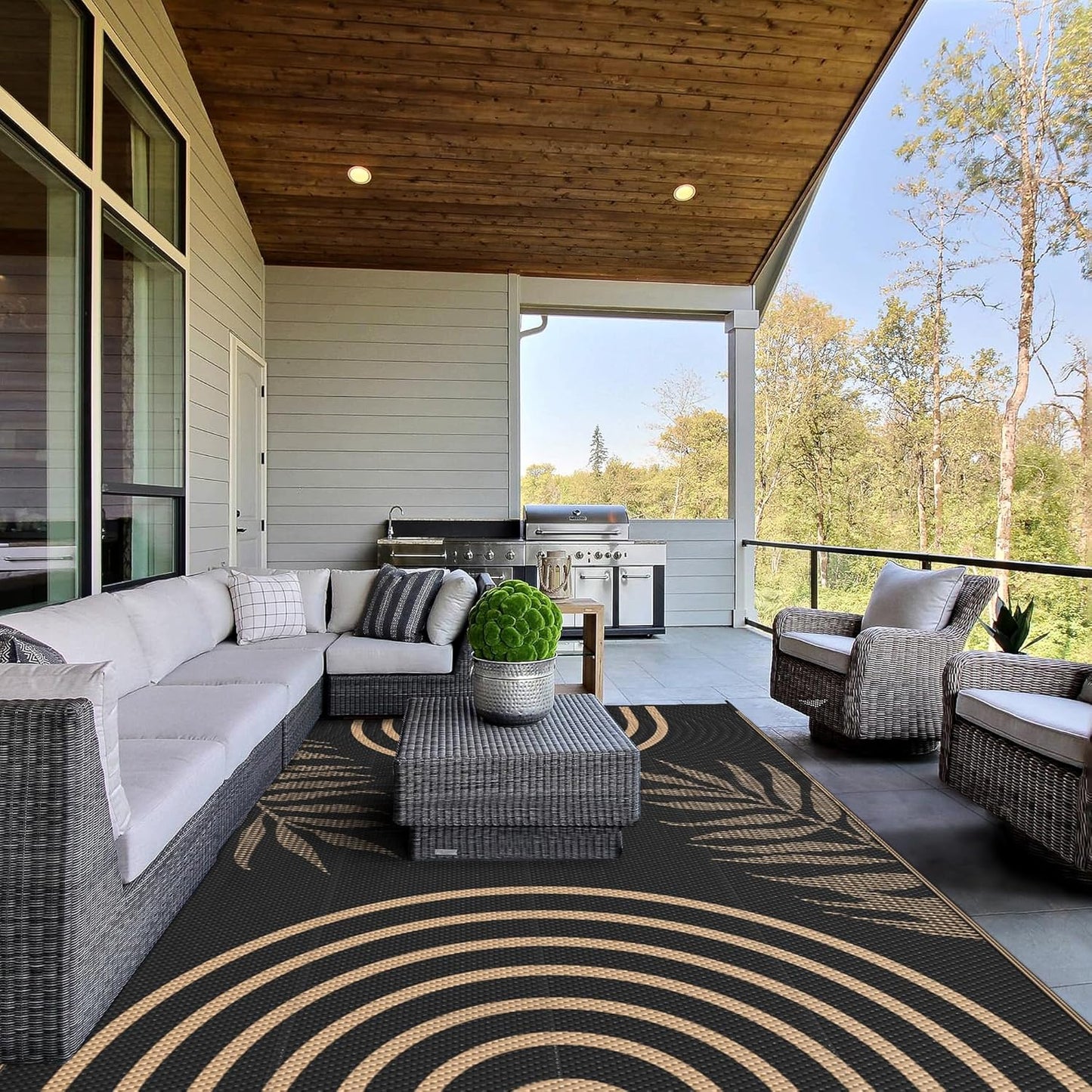 GENIMO Outdoor Rug 8' x 10' Waterproof for Patio Clearance, Reversible Lightweight Plastic Straw Camping Carpet, Large Area Rugs Mats for Rv, Backyard, Deck, Porch, Picnic, Balcony, Mix-Black & Brown