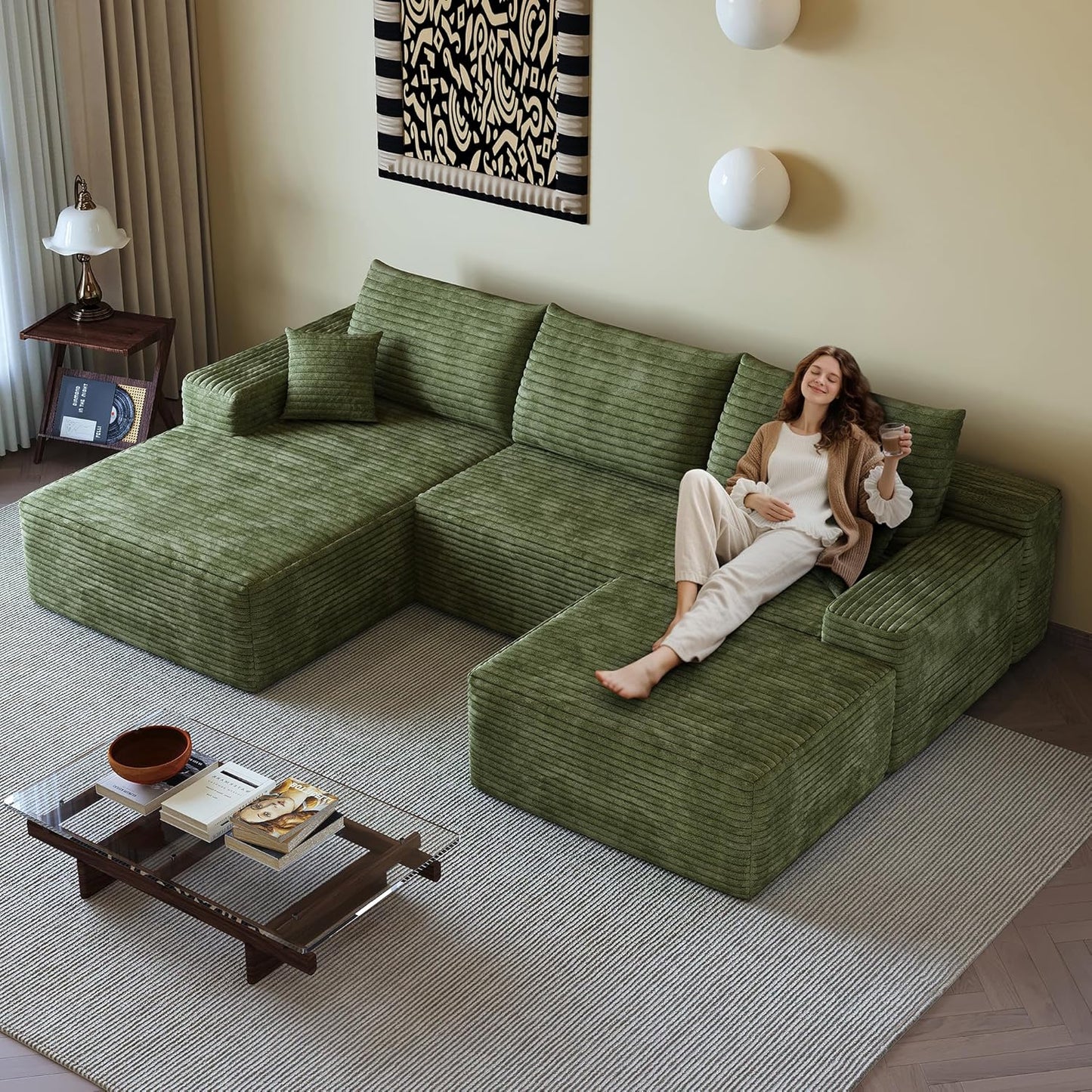 108" Sectional Couches for Living Room Modern Modular Sofa with L-Shape Couchs Upholstered Boneless Couch Deep Seat Sectional Couch with Chaise (Green, Left Facing Chaise+2Seaters+1Ottoman)