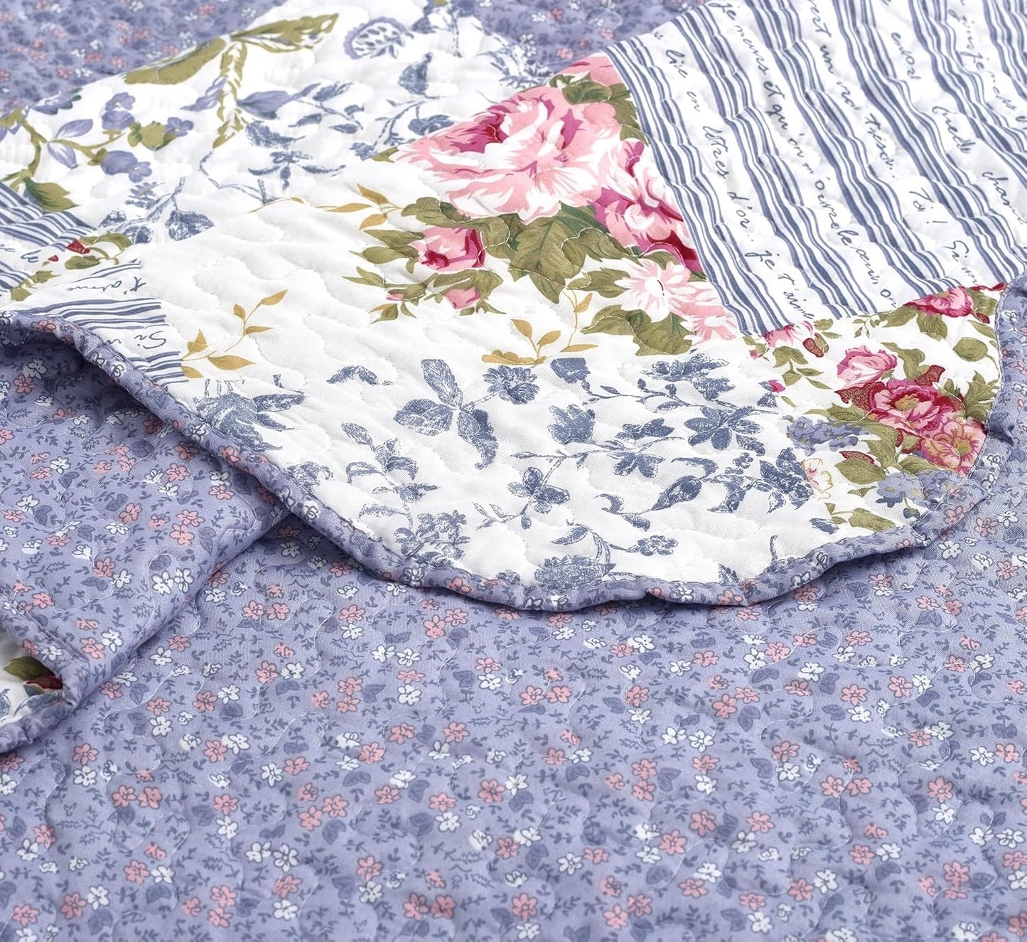 Brilliant Sunshine Rose Violet Patchwork, 3-Piece Quilt Set with 2 Shams, Reversible Bedspread, Soft Lightweight Coverlet, All-Season, Full/Queen, Rose Violet