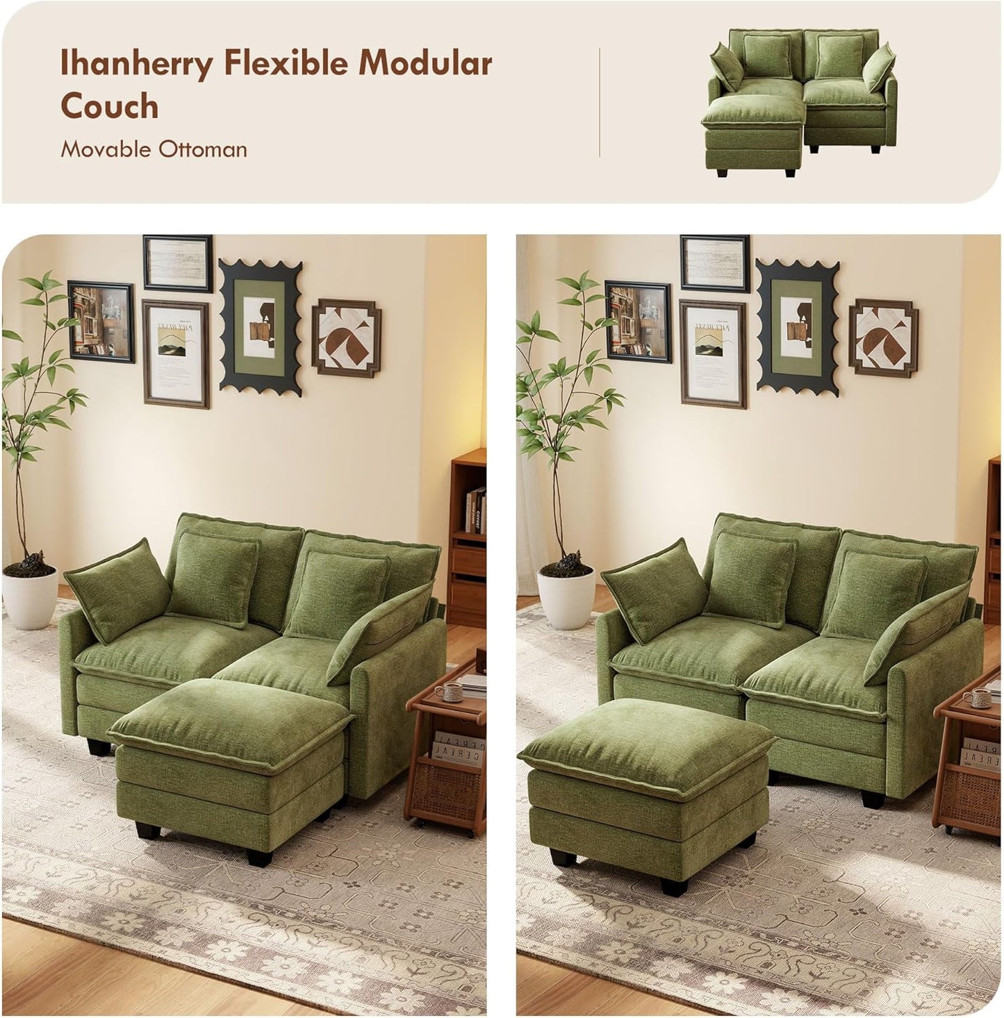 Ihanherry 57" L Shaped Modular Sectional Cloud Sofa, Modern 3 Seat Chenille Couch with Ottoman for Living Room, Bedroom and Apartment, Green